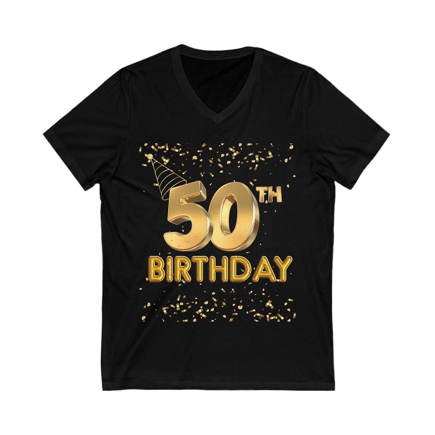 Women 50th Birthday Jersey Short Sleeve V-Neck Tee, Women 50th Birthday Shirt, Gold and Black 50th Birthday T-Shirt