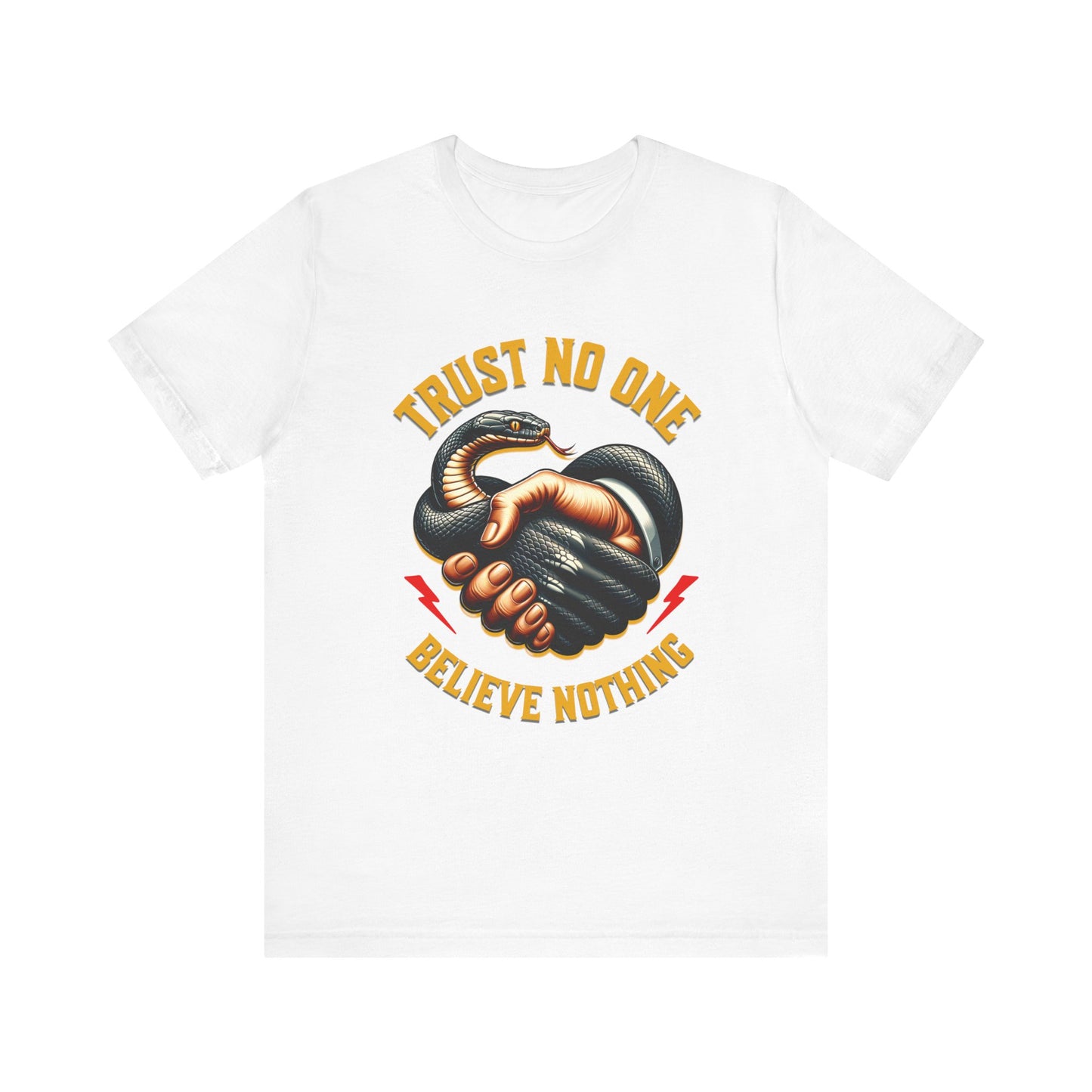 Trust No One, Bold Snake Handshake Design, Unisex Democracy T-Shirts, Goth Snake Image Shirt, Snake Image Shirt for Snake Lovers
