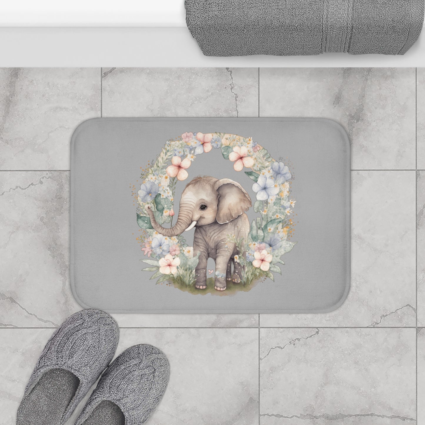 Cute Elephant Floral Bathmat, Elephant Nursery Decor, Elephant Baby Shower Gift, Elephant Bathroom Accessories, Kids Room Decor, Animal Theme