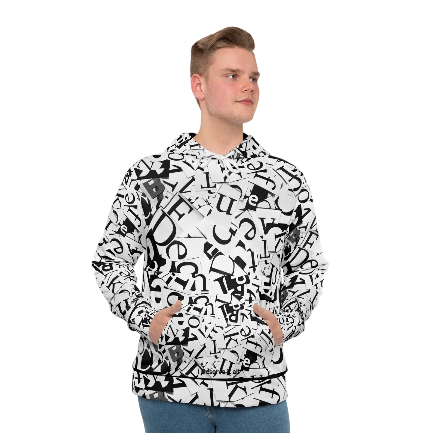 Unisex Black and White Creative Font Hoodie with Kangaroo Pockets, Unique Sleek and Comfortable