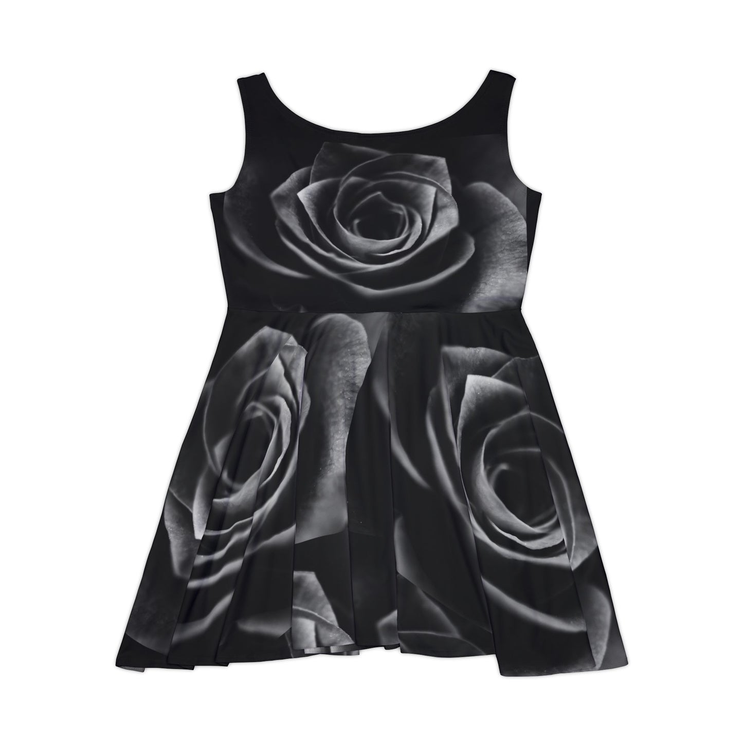 Women's Black Rose Print Skater Dress, Black T-Shirt Skater Dress for Women, Cute Black Skater Dress for Women