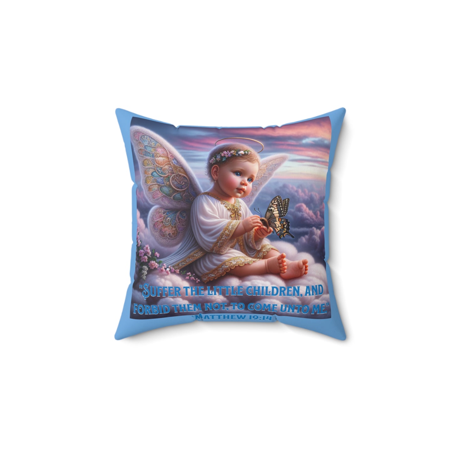 Inspirational Baby Angel Pillow, 'Suffer the Little Children' Matthew 19:14, Baby Shower Gift for Infant Boy and Girl, Baby Blue Pillow for a Gift