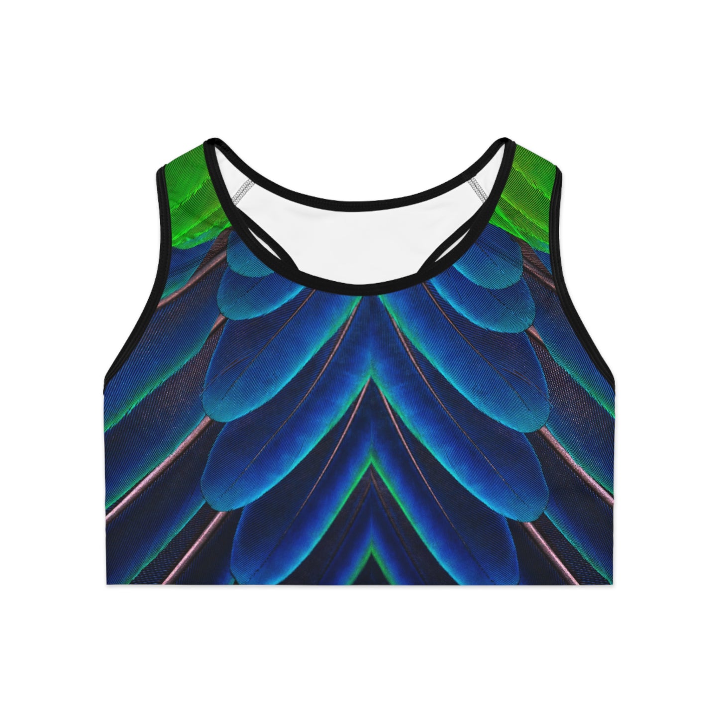 Vibrant Peacock Feather Print Sports Bra for Active Women, Cute Peacock Print Sports Bra, Matching Leggings Sold Separately