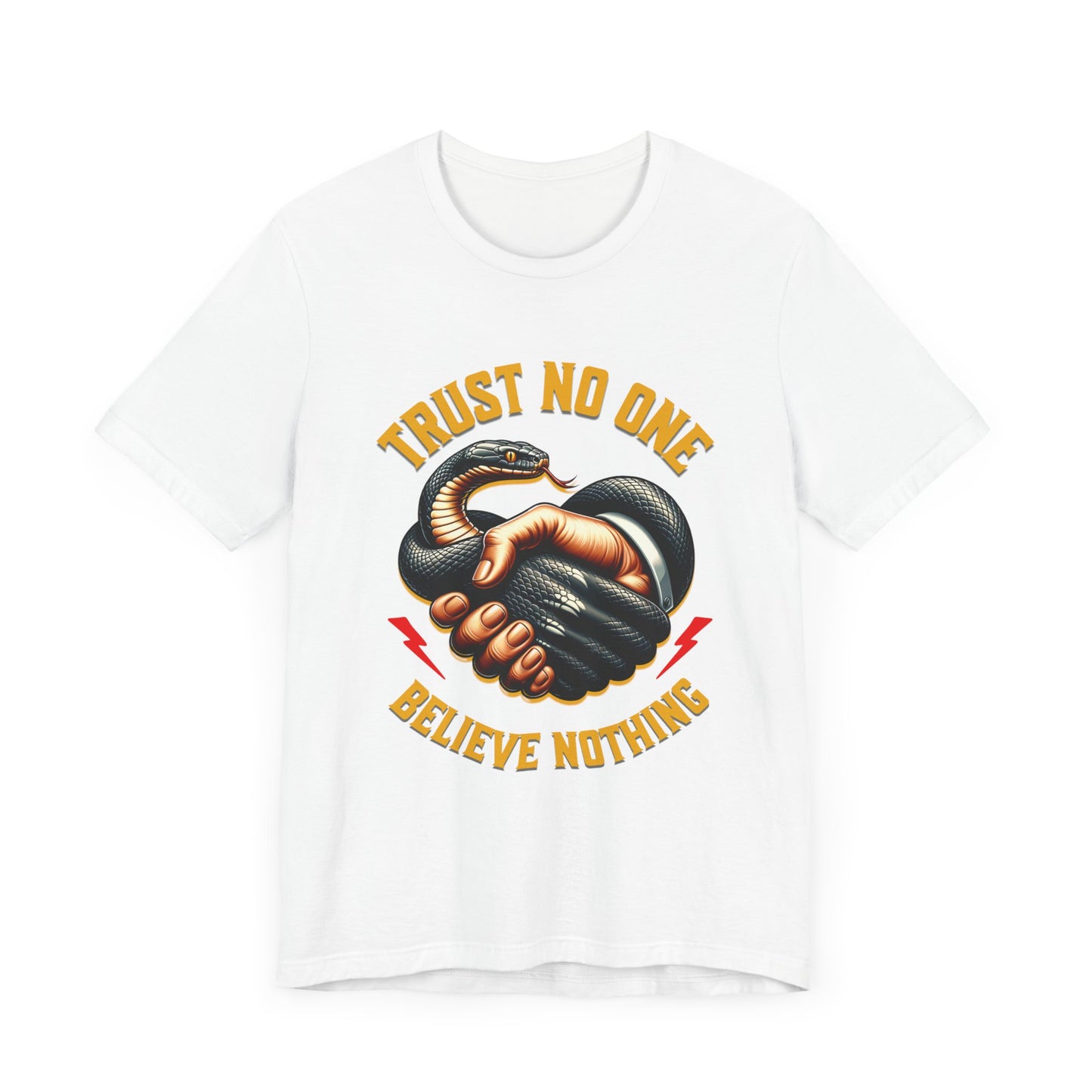 Trust No One, Bold Snake Handshake Design, Unisex Democracy T-Shirts, Goth Snake Image Shirt, Snake Image Shirt for Snake Lovers