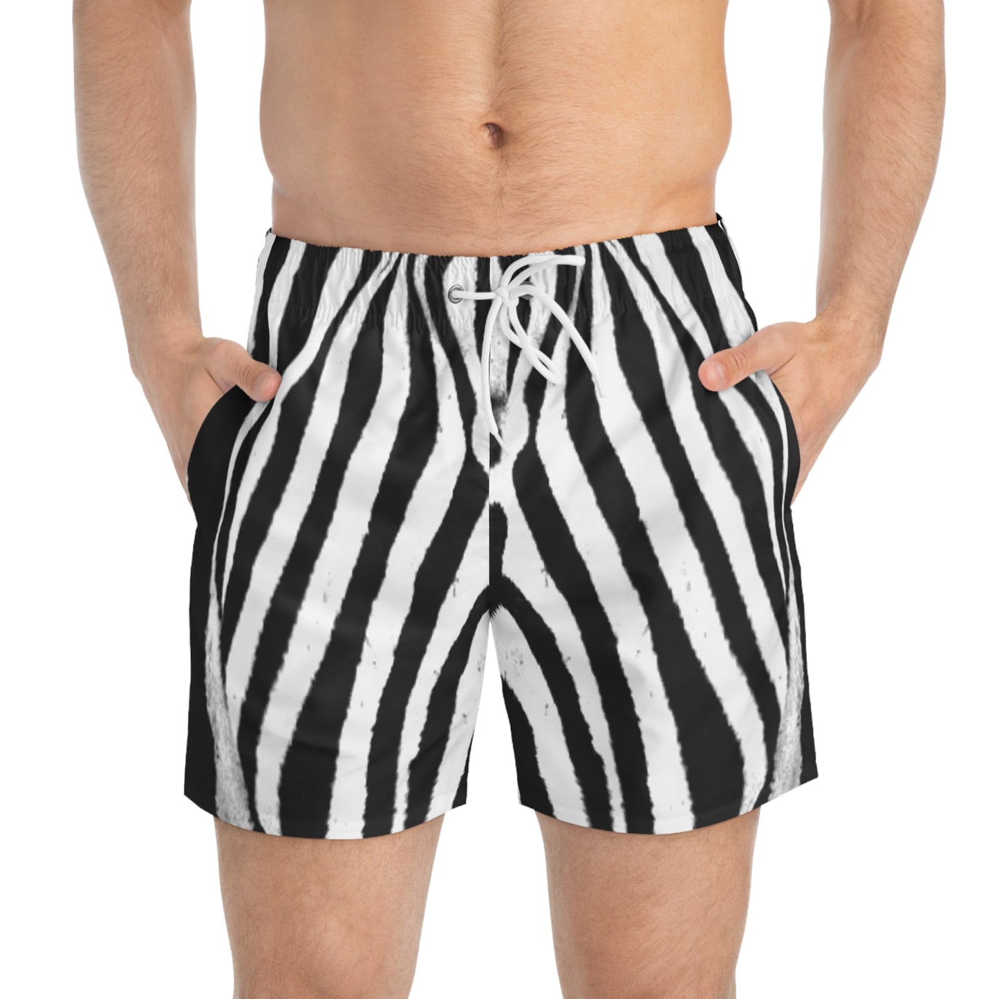 Bold Zebra Print Swim Trunks for Stylish Summer Adventures, Men's Swim Trunks for Pool Parties, Matching Women's Bikini (sold separately)