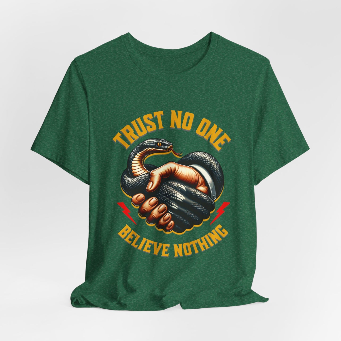 Trust No One, Bold Snake Handshake Design, Unisex Democracy T-Shirts, Goth Snake Image Shirt, Snake Image Shirt for Snake Lovers