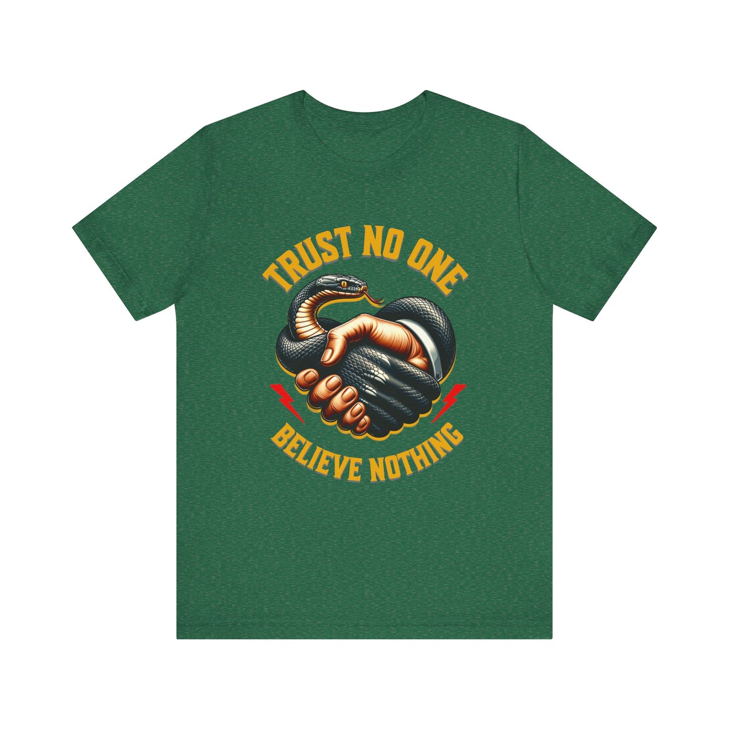 Trust No One, Bold Snake Handshake Design, Unisex Democracy T-Shirts, Goth Snake Image Shirt, Snake Image Shirt for Snake Lovers