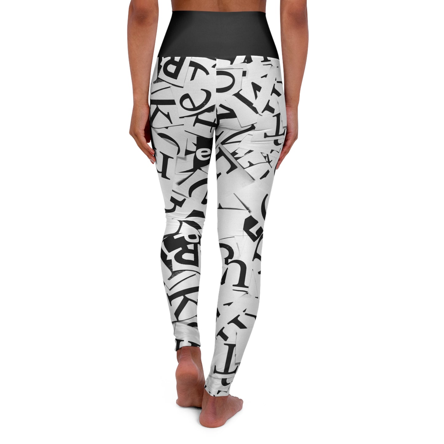 High Waisted Black & White Letter Yoga Leggings, Cute Yoga Pants for Women, Ladies Black and White Yoga Pants