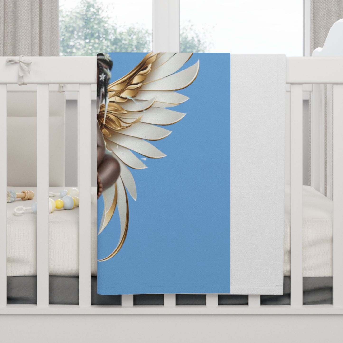 Angels Watch Over Me Baby Blanket - Soft Fleece Nursery Décor, Beautiful Baby Shoer Gift, Black Angel Baby Blanket, Light Blue Baby Shower Gifts