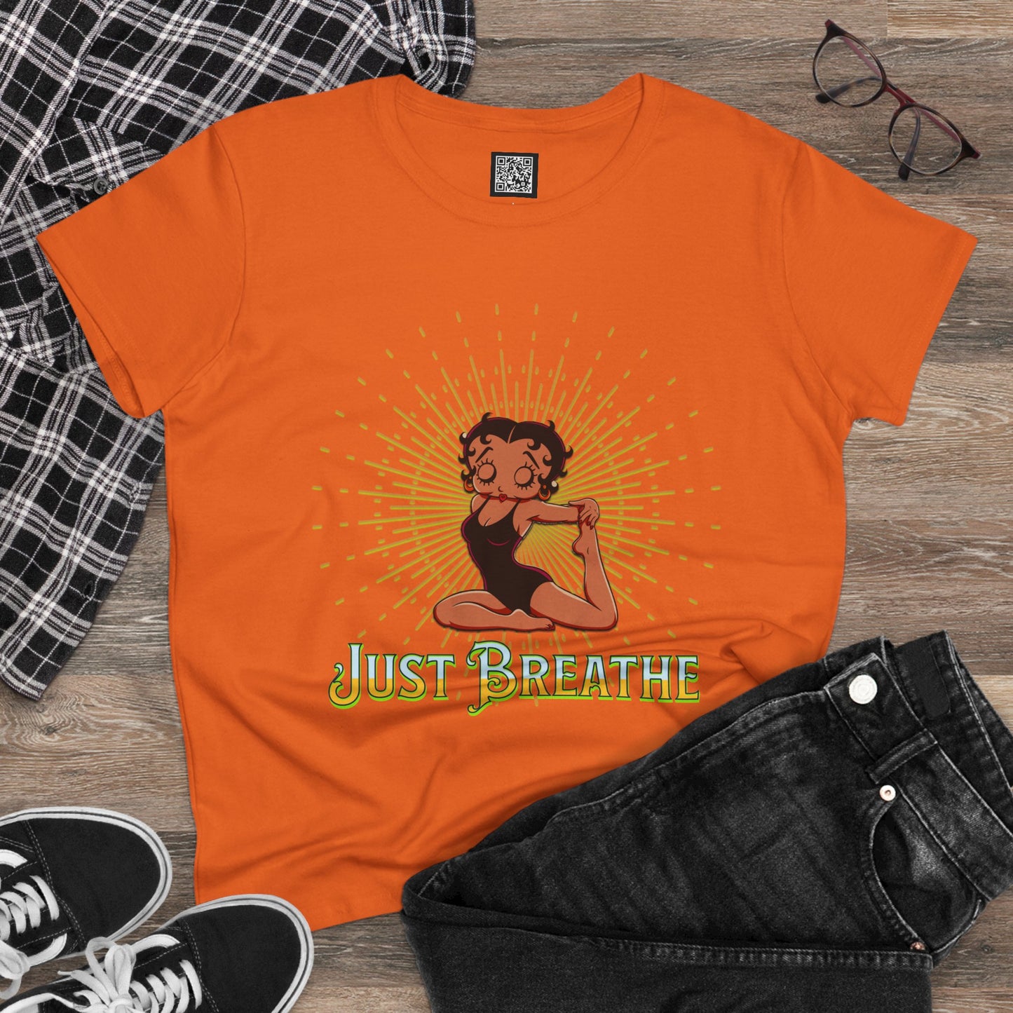 Just Breathe Betty Boop Women's Yoga Tee - Midweight Cotton Shirt for Relaxation and Mindfulness, Betty Boop Just Breathe T-Shirts