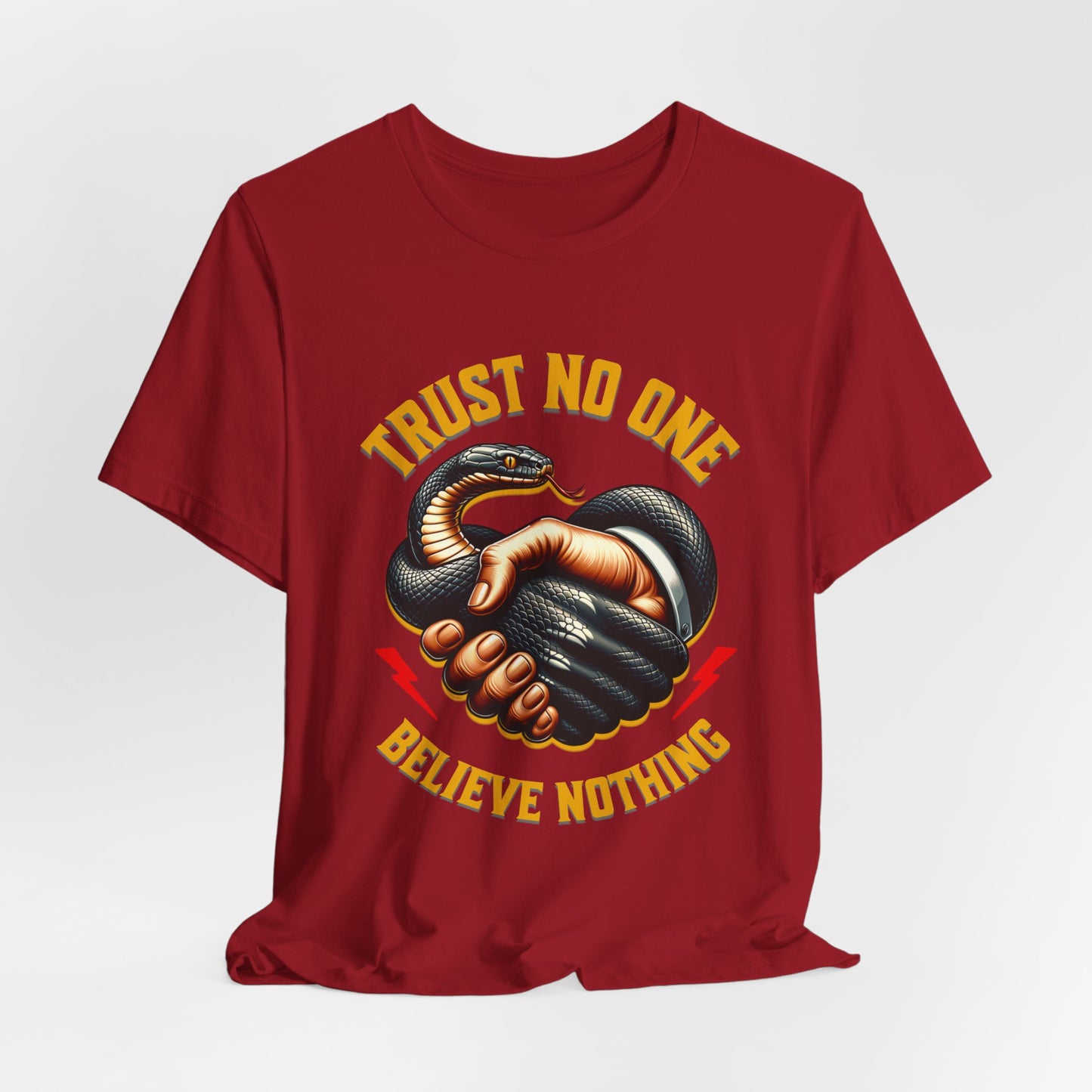 Trust No One, Bold Snake Handshake Design, Unisex Democracy T-Shirts, Goth Snake Image Shirt, Snake Image Shirt for Snake Lovers