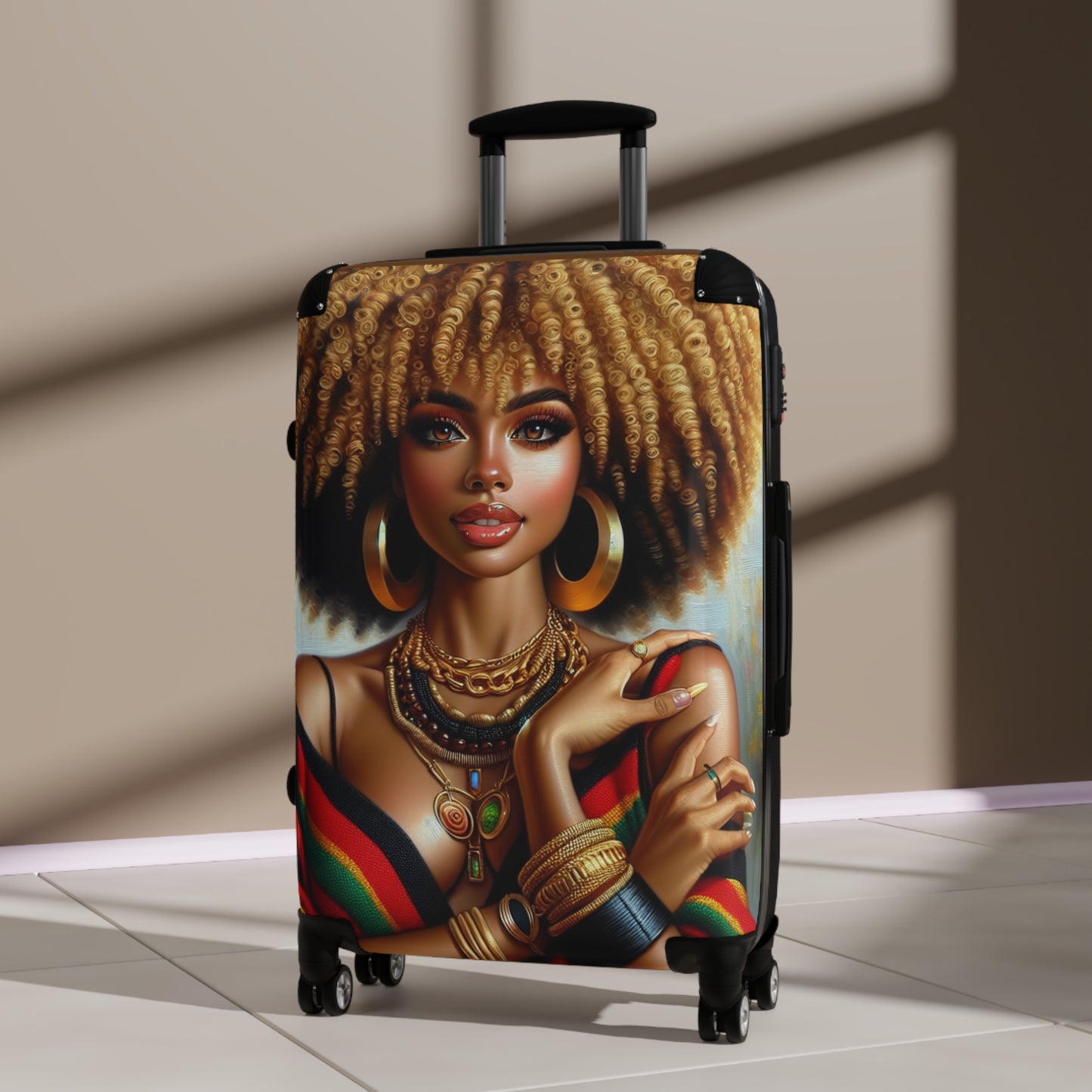 Artistic Travel Suitcase - Afro Woman Design for Adventurers, Beautiful Afrocentric Suitcase for Women, Uniquely Covered Suitcase