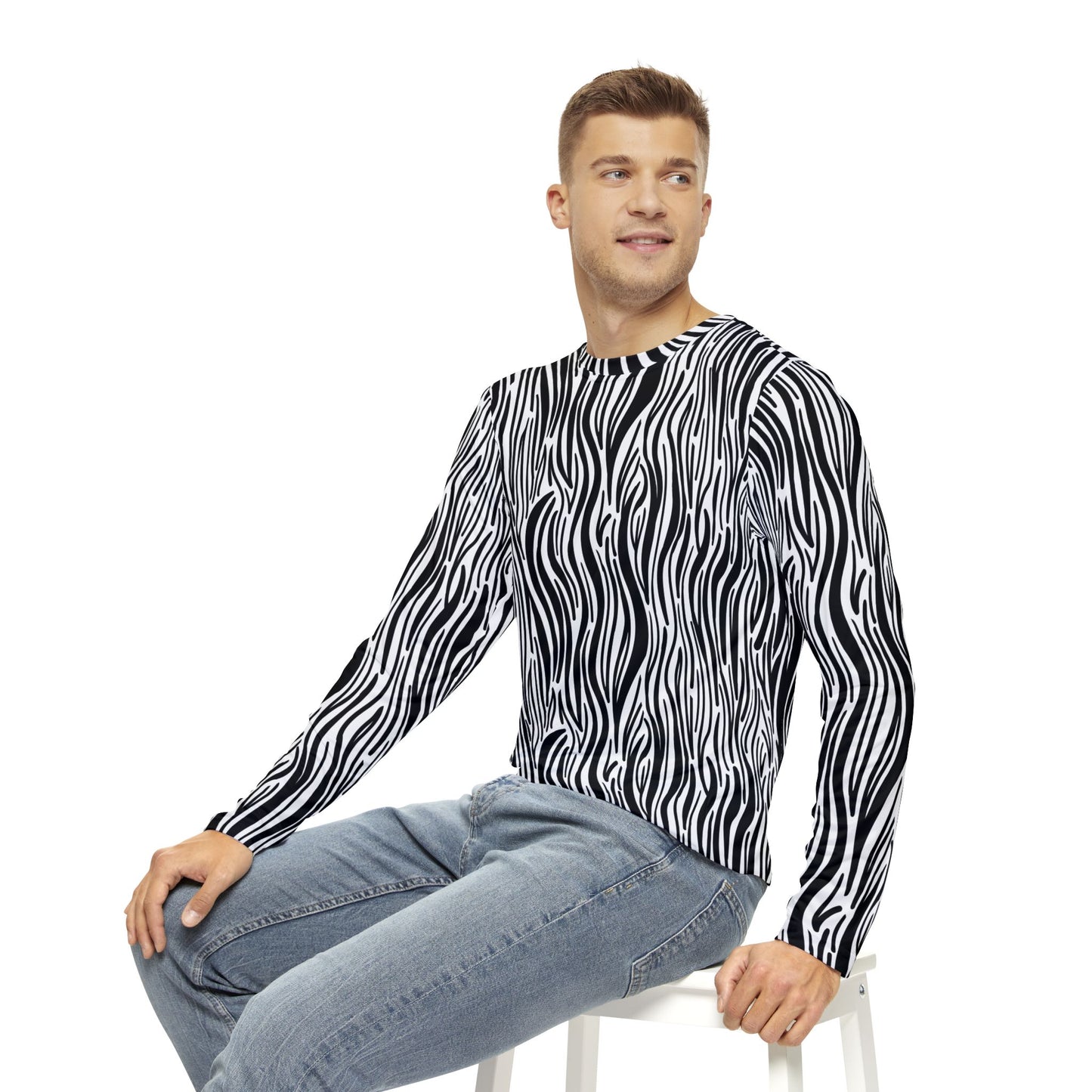 Men's Zebra Print Long Sleeve Black and White Print Shirt (AOP), Zebra Print T-Shirt for Men 100% Polyester, Light Fabric Tees