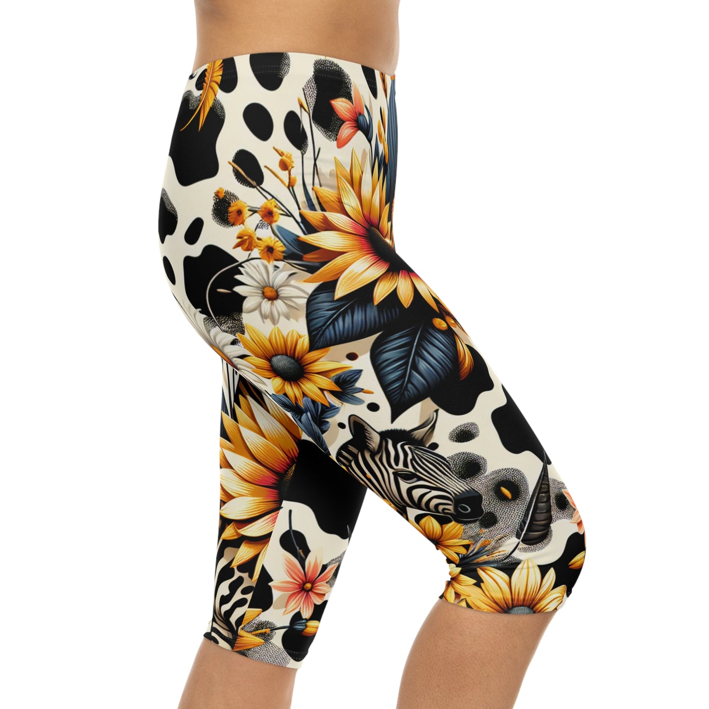 Vibrant Floral Zebra Animal Print Capri Leggings for Women, Stylish Workout Pants, Activewear for Women, Summer Animal Print Yoga Leggings