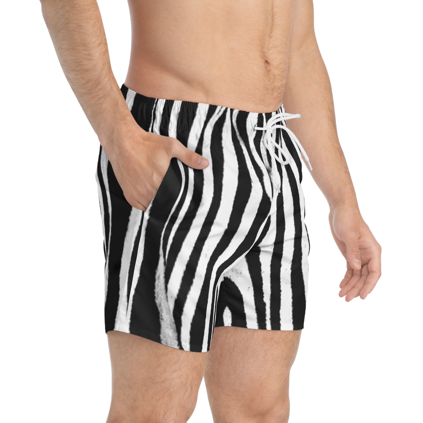 Bold Zebra Print Swim Trunks for Stylish Summer Adventures, Men's Swim Trunks for Pool Parties, Matching Women's Bikini (sold separately)