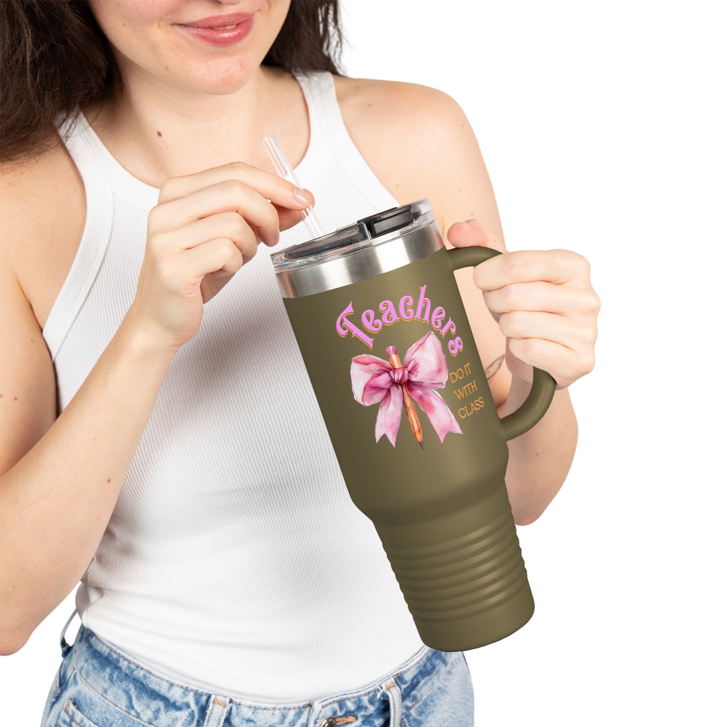 Stylish Insulated Travel Mug for Teachers, Cute 40oz Coquette Teacher Tumbler, Gifts for Educators, Coffee Lover Travel Cup, Back to School Mug Gift
