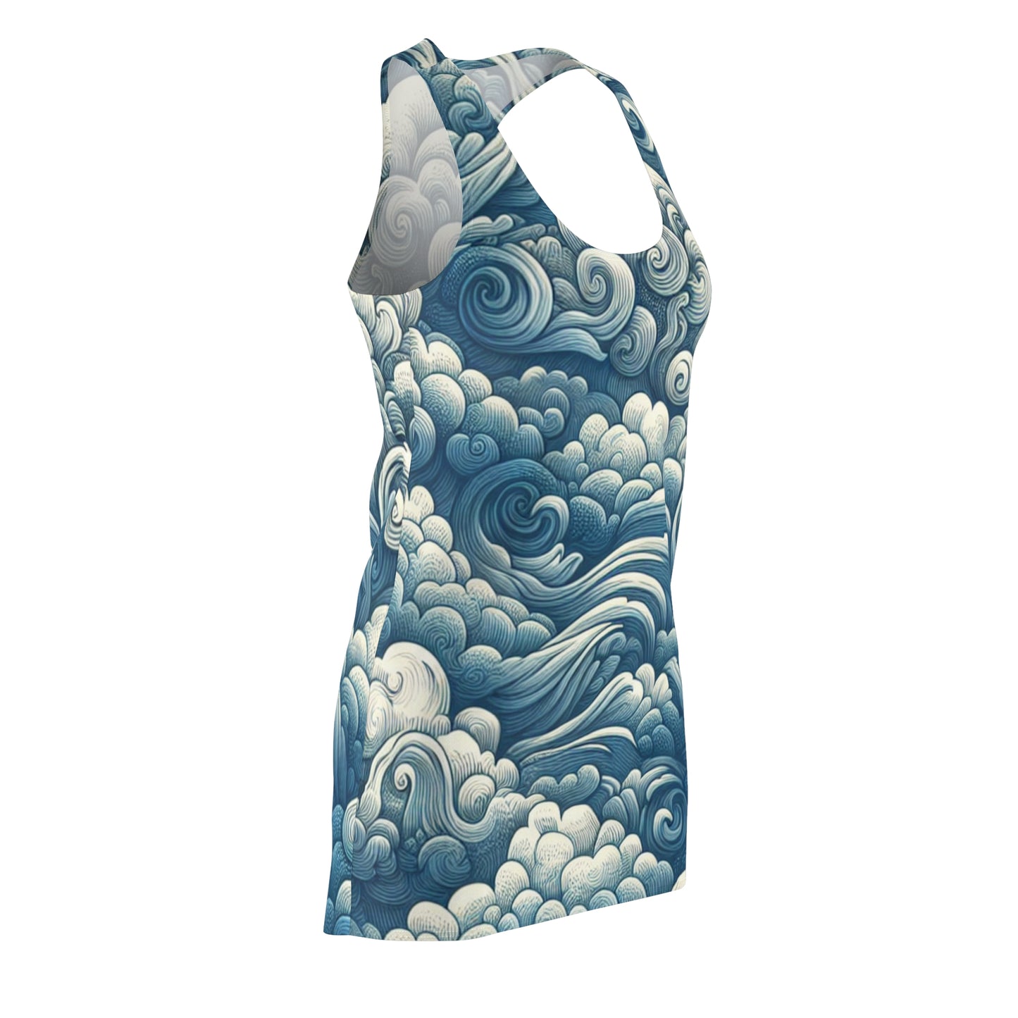 Ocean Wave Print Racerback Dress - Summer Casual Attire, Beach Cover-Up, Vacation Outfit, Boho Chic Dress, Festival Wear
