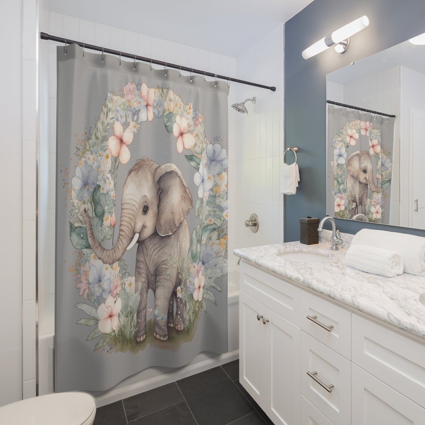 Adorable Elephant Shower Curtain, Elephant Lover Shower Decorations, Floral Nursery Decor for Kids' Bathrooms, I Love Elephants Bath Accessories