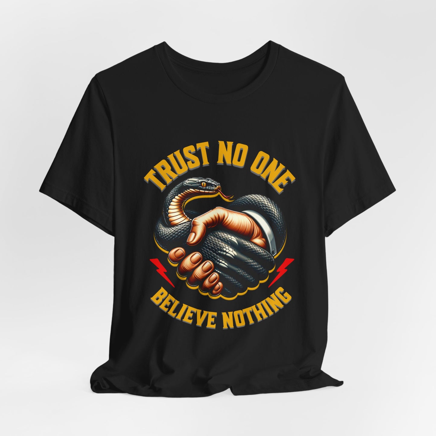 Trust No One, Bold Snake Handshake Design, Unisex Democracy T-Shirts, Goth Snake Image Shirt, Snake Image Shirt for Snake Lovers