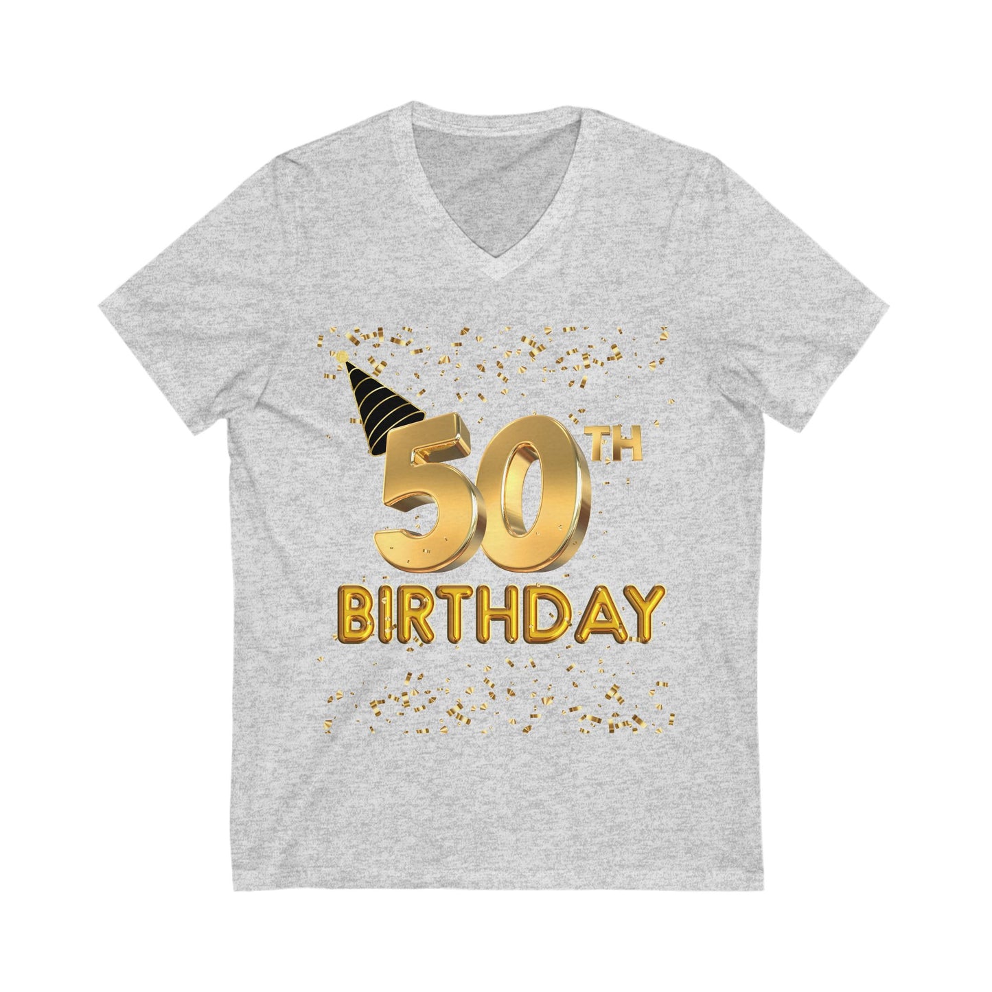 Women 50th Birthday Jersey Short Sleeve V-Neck Tee, Women 50th Birthday Shirt, Gold and Black 50th Birthday T-Shirt
