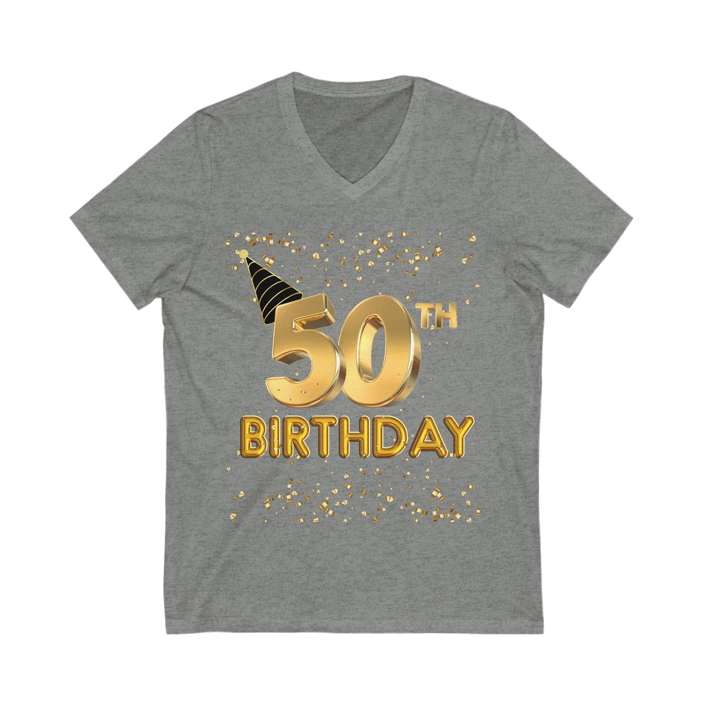 Women 50th Birthday Jersey Short Sleeve V-Neck Tee, Women 50th Birthday Shirt, Gold and Black 50th Birthday T-Shirt
