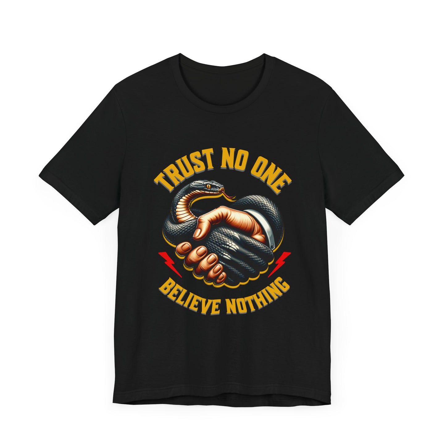 Trust No One, Bold Snake Handshake Design, Unisex Democracy T-Shirts, Goth Snake Image Shirt, Snake Image Shirt for Snake Lovers