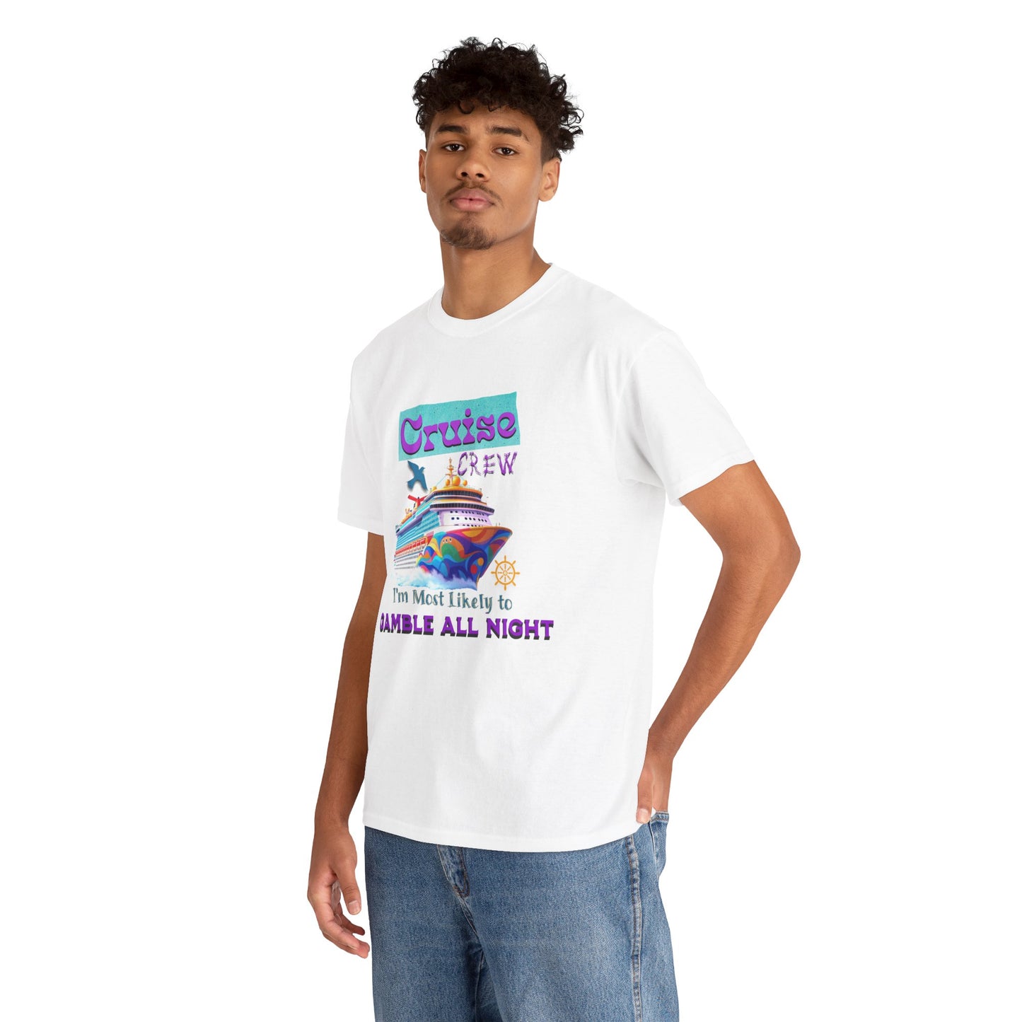 Cruise Crew Heavy Cotton Tee - Gamble All Night, Vacation Shirt, Cruise Wear, Fun Travel Outfit, Summer Party Top, Gambler's T-Shirt