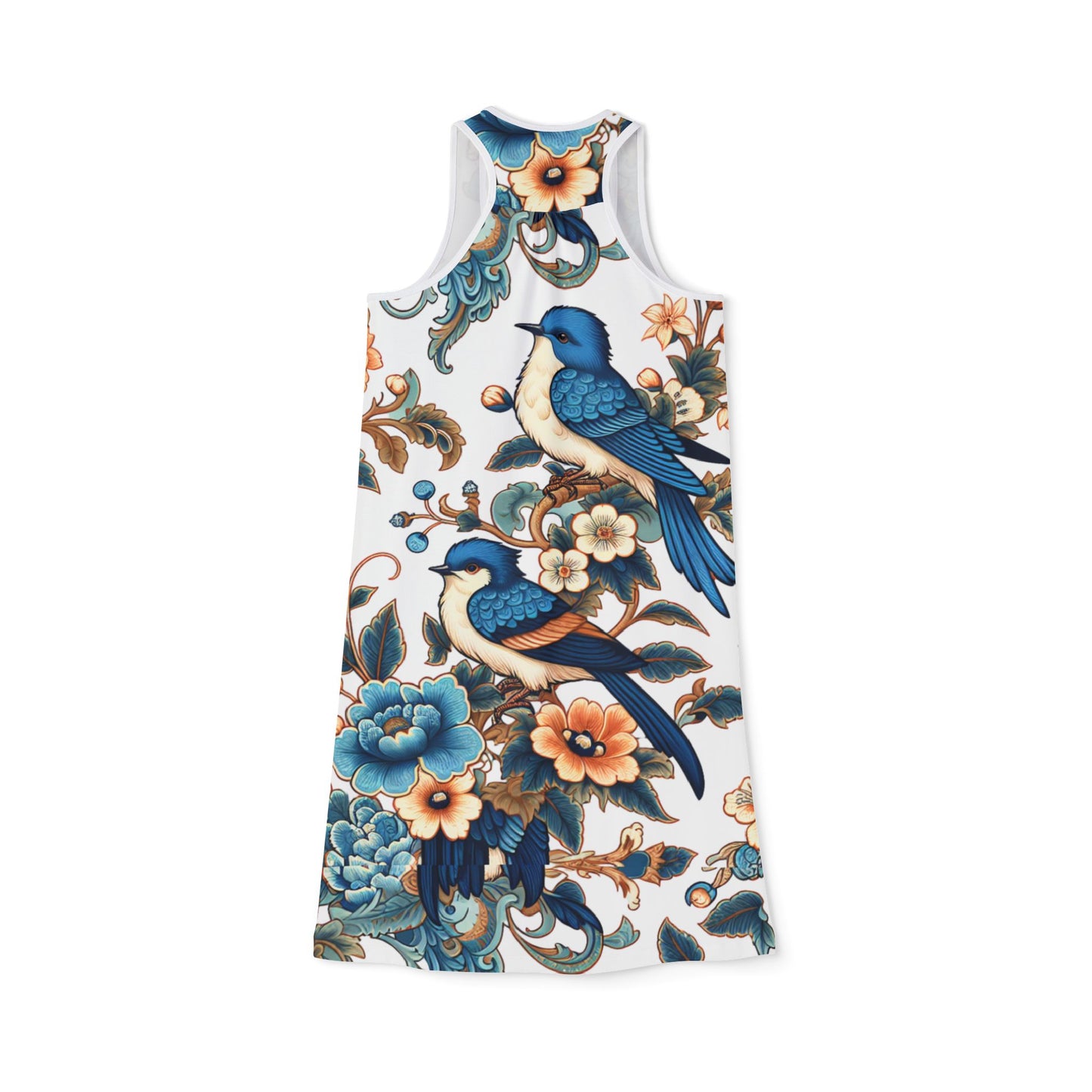 Bohemian Blue Bird Floral Racerback Dress, Summer Dress, Casual Sundress, Vacation Outfit, Unique Gift for Her, Stylish Day Dress