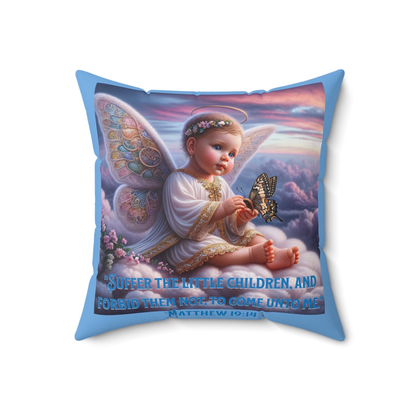 Inspirational Baby Angel Pillow, 'Suffer the Little Children' Matthew 19:14, Baby Shower Gift for Infant Boy and Girl, Baby Blue Pillow for a Gift