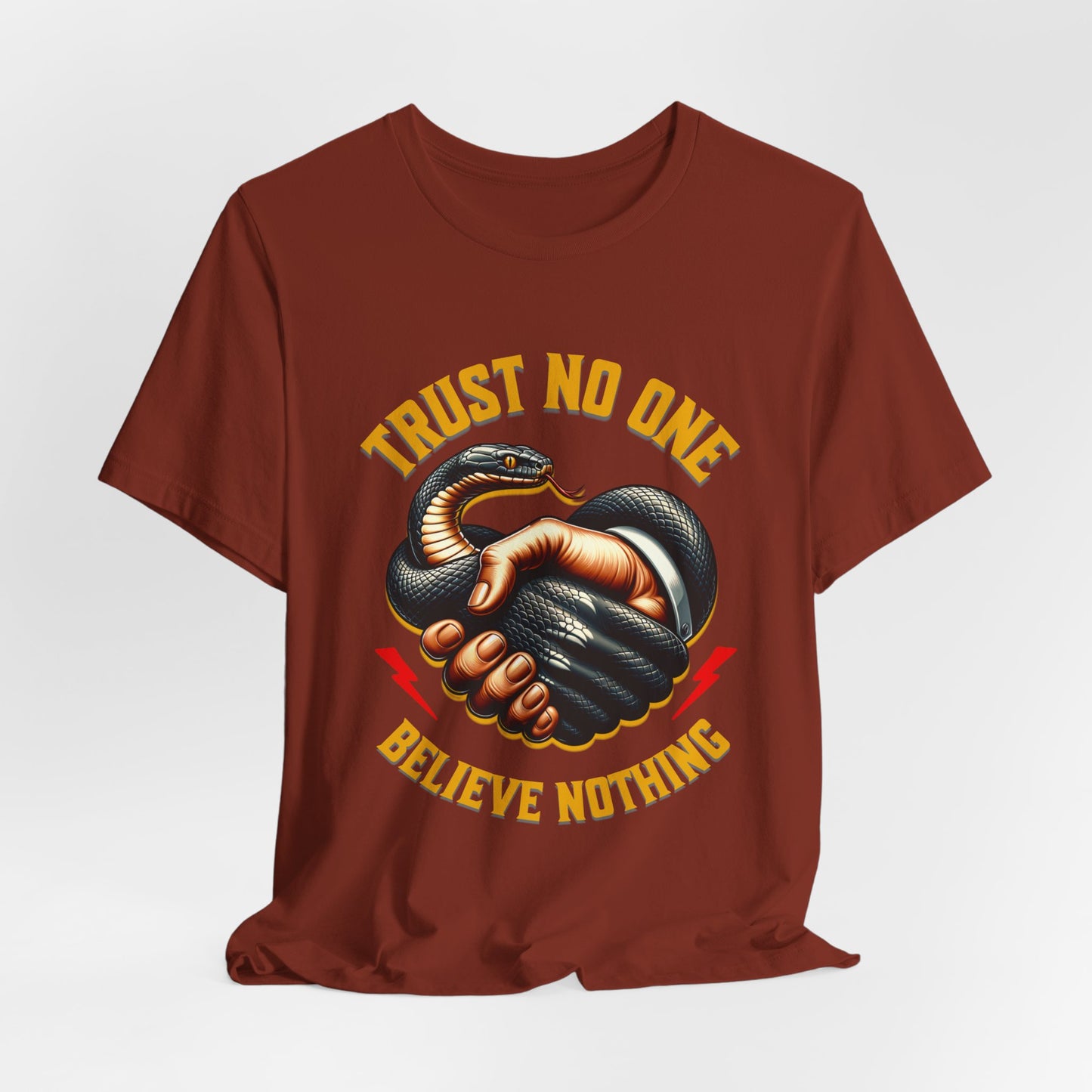 Trust No One, Bold Snake Handshake Design, Unisex Democracy T-Shirts, Goth Snake Image Shirt, Snake Image Shirt for Snake Lovers