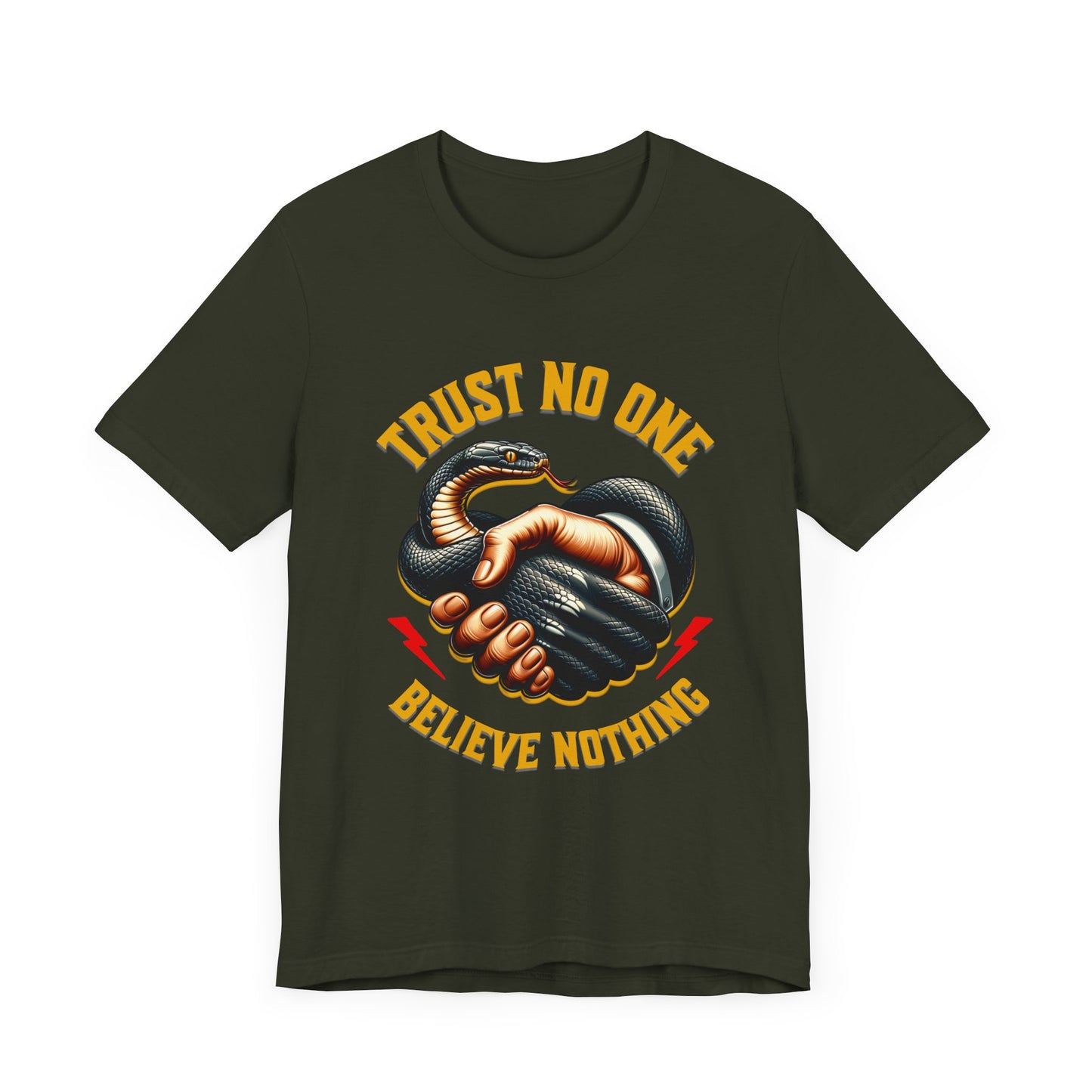 Trust No One, Bold Snake Handshake Design, Unisex Democracy T-Shirts, Goth Snake Image Shirt, Snake Image Shirt for Snake Lovers