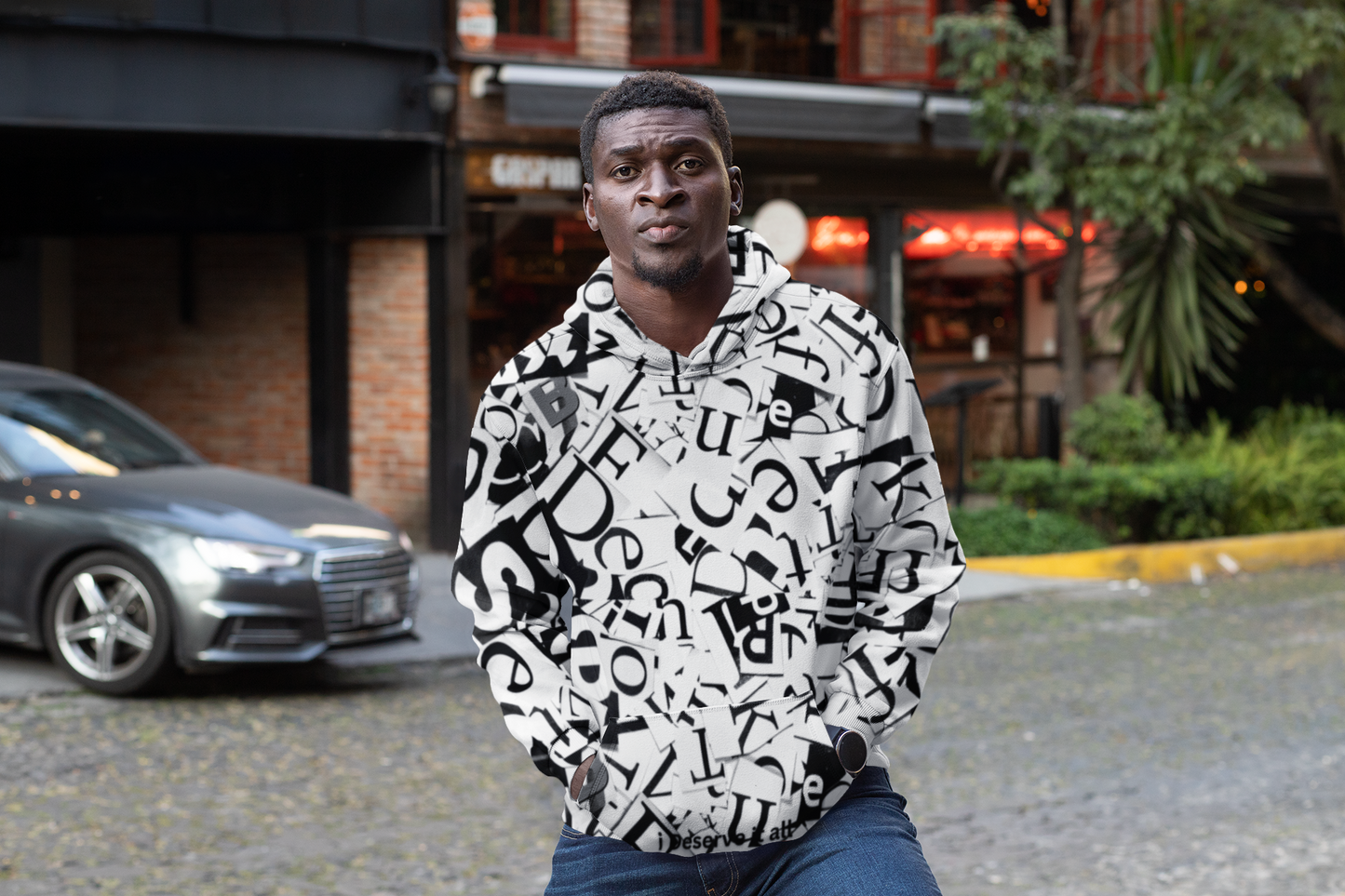 Unisex Black and White Creative Font Hoodie with Kangaroo Pockets, Unique Sleek and Comfortable