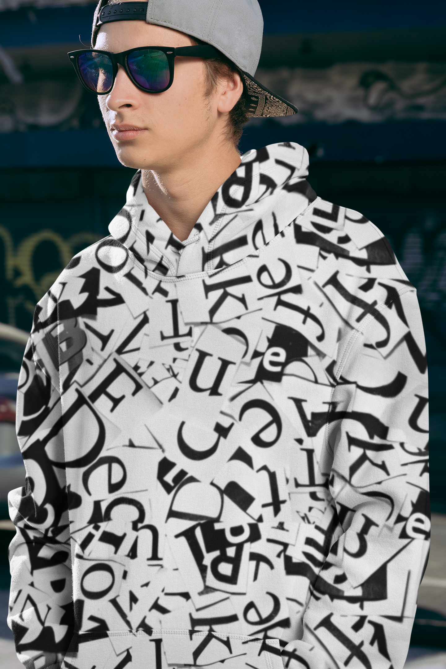 Unisex Black and White Creative Font Hoodie with Kangaroo Pockets, Unique Sleek and Comfortable