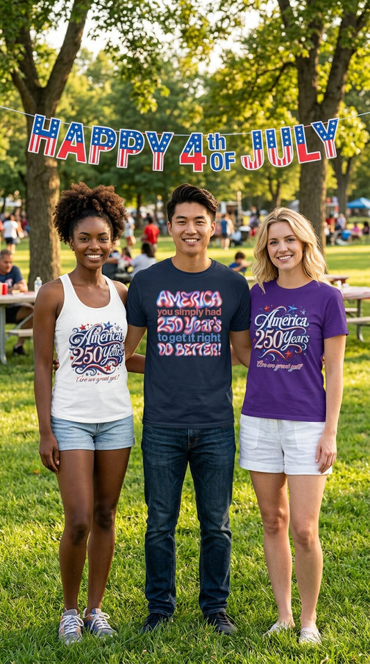 Three people wearing America 250 Years t-shirts at a July 4th celebration in the park