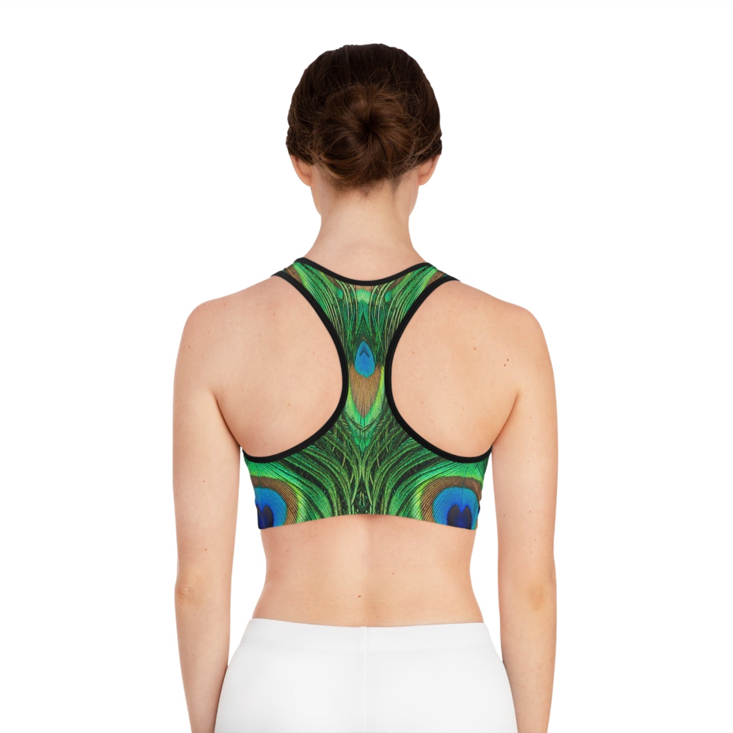 Vibrant Peacock Feather Sports Bra - Stylish Activewear for Fitness Enthusiasts, Matching Yoga Pants Sold Separately, Peacock Lover Merch
