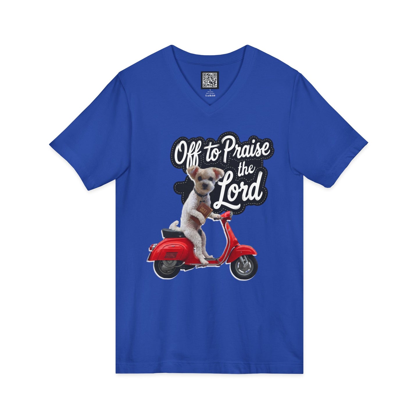 Personalized Dog on Scooter V-Neck Tee - "Off to Praise the Lord"