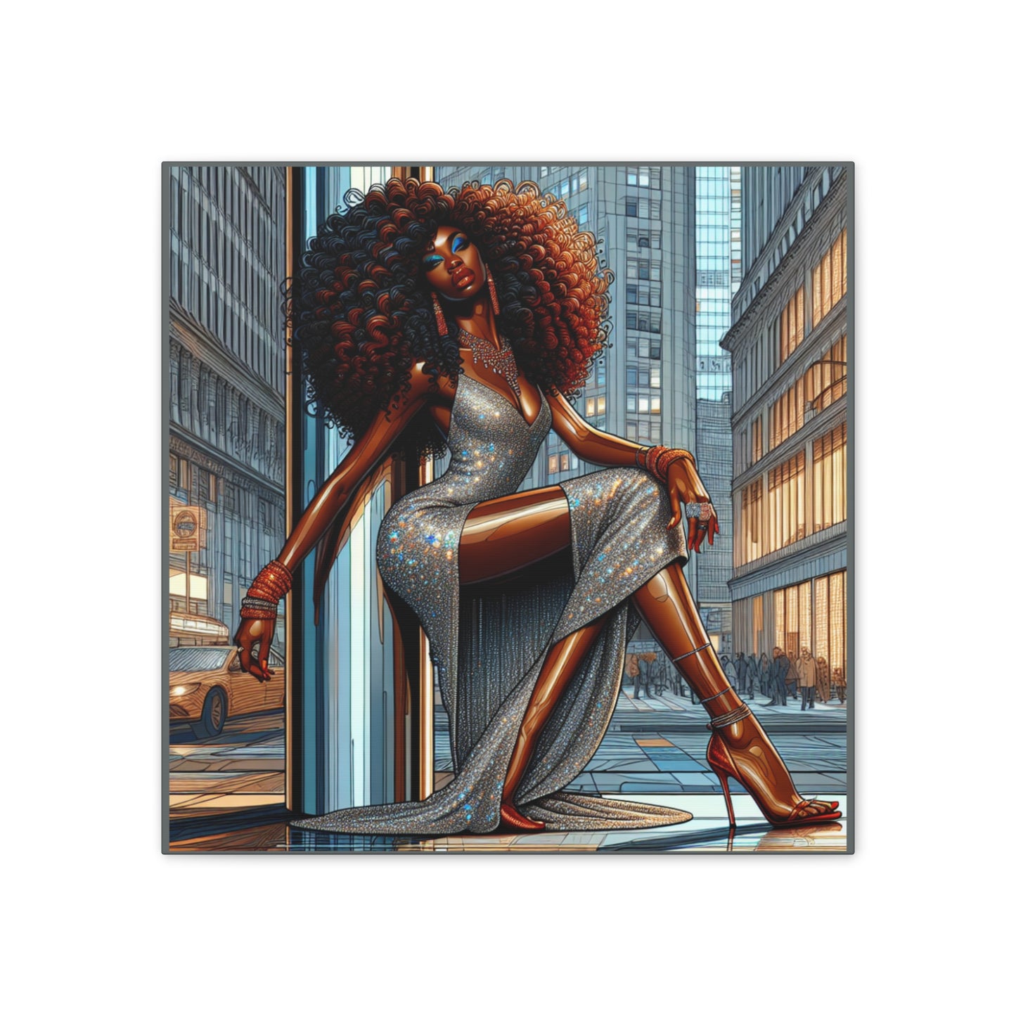 Chic Urban Canvas Art - Glamorous Fashionista Wall Decor, Black Art Collection, Beautiful Black Woman Posing Silver and Gray Canvas Art