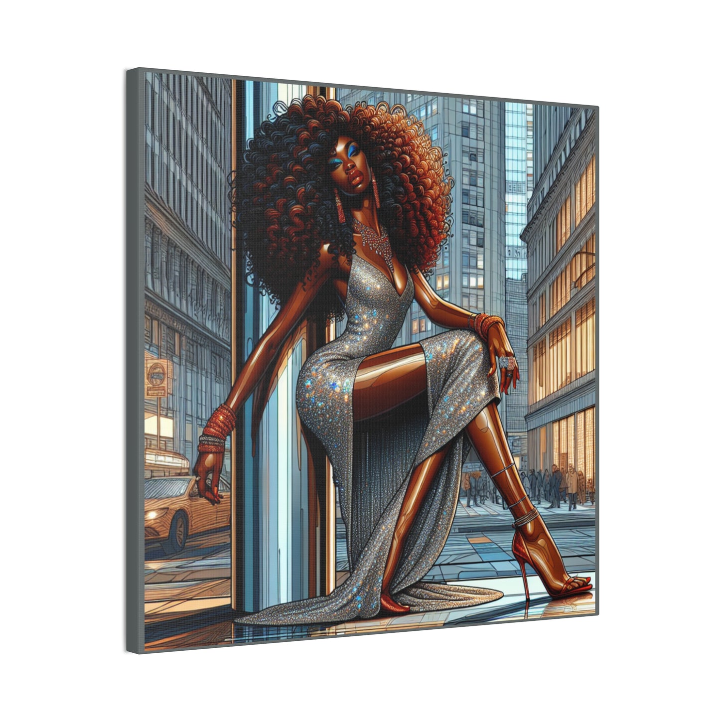 Chic Urban Canvas Art - Glamorous Fashionista Wall Decor, Black Art Collection, Beautiful Black Woman Posing Silver and Gray Canvas Art