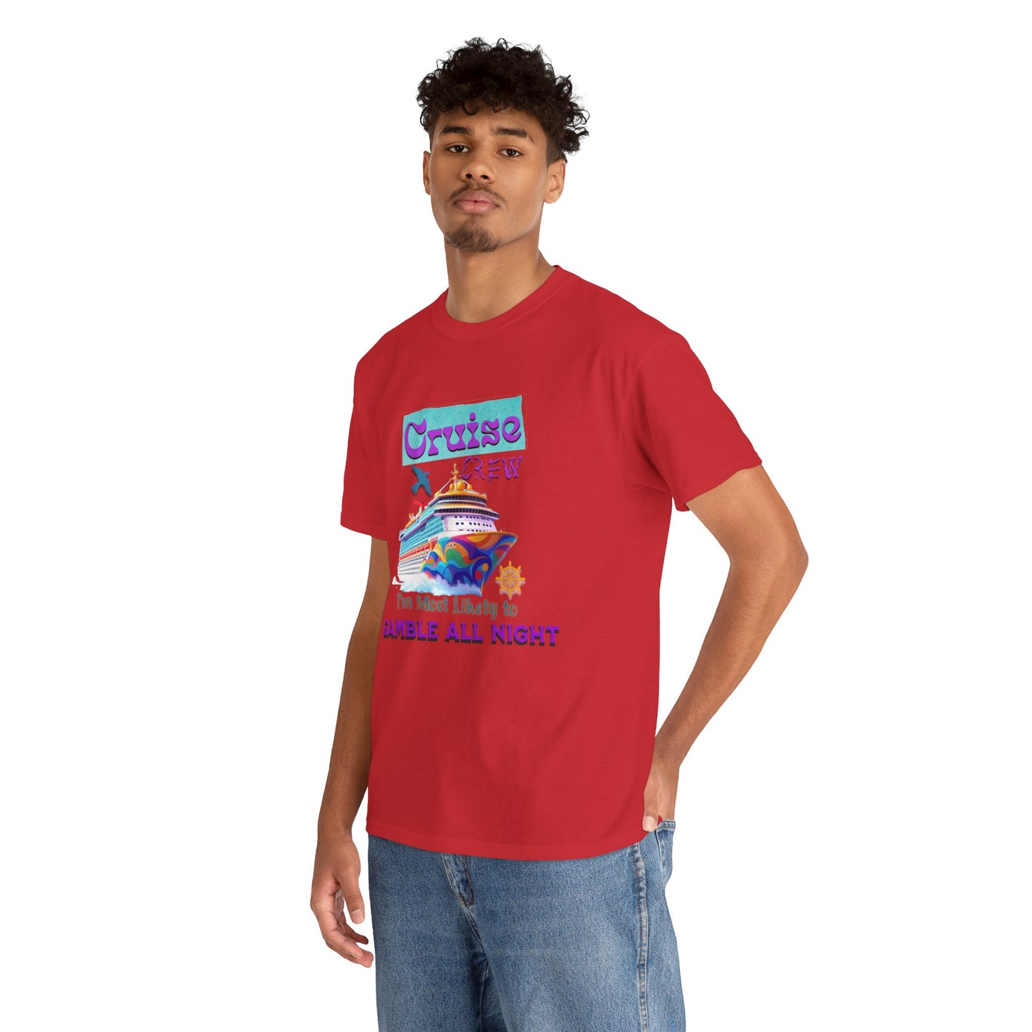 Cruise Crew Heavy Cotton Tee - Gamble All Night, Vacation Shirt, Cruise Wear, Fun Travel Outfit, Summer Party Top, Gambler's T-Shirt