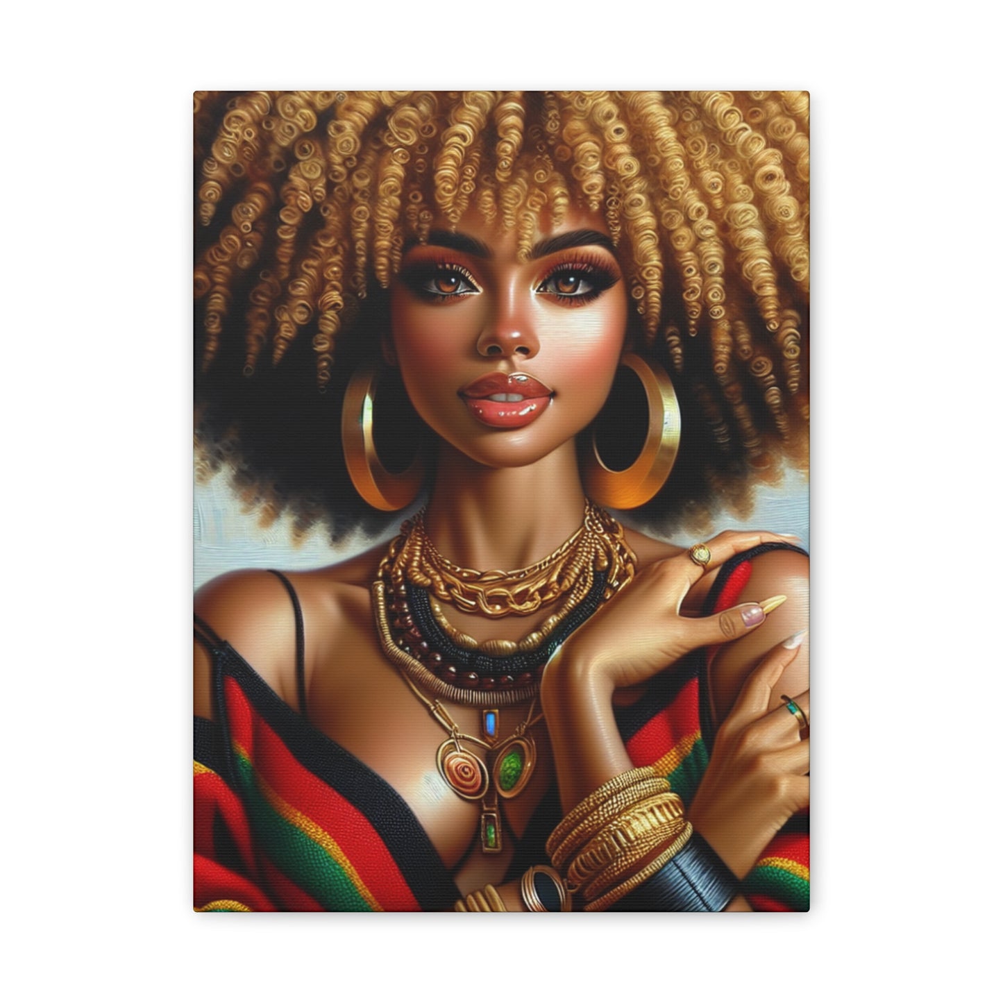 Vibrant Afrocentric Canvas Art, Fine Black Art Print, Beautiful Black Woman in Afrocentric Colors Canvas Photo,