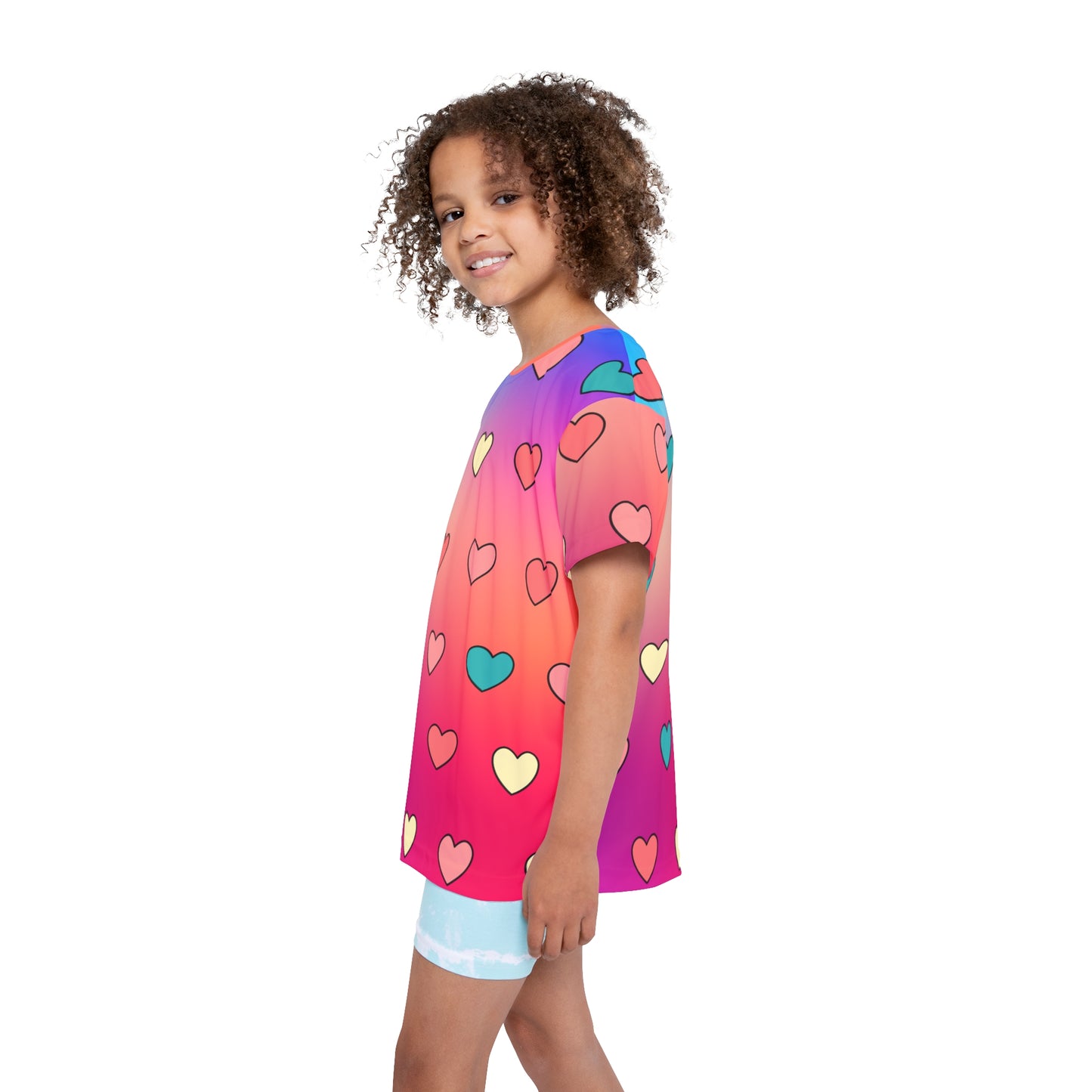 Colorful Heart Girls Sports Jersey, Fun & Playful Activewear, Cute Heart Print Top for Girls,