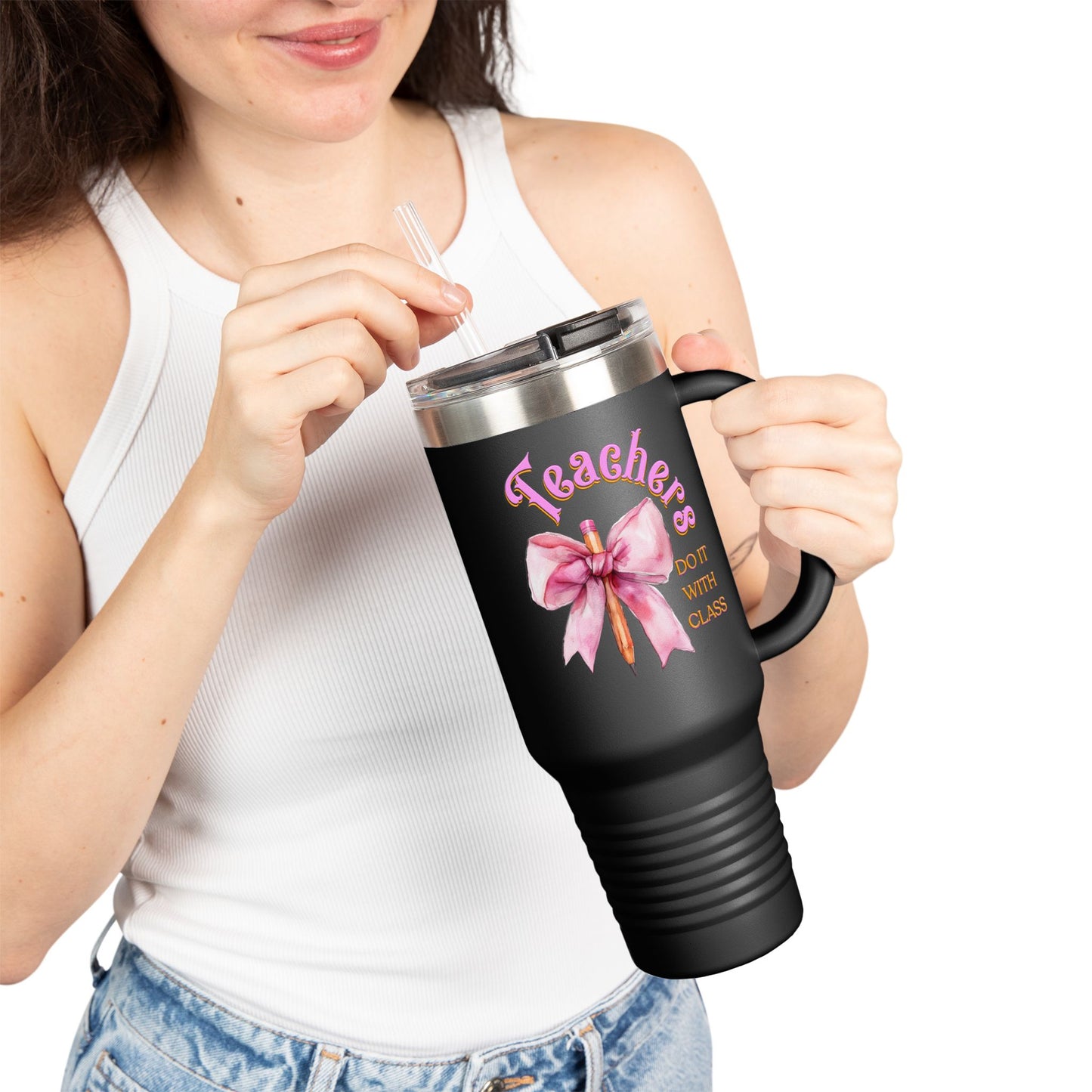 Stylish Insulated Travel Mug for Teachers, Cute 40oz Coquette Teacher Tumbler, Gifts for Educators, Coffee Lover Travel Cup, Back to School Mug Gift