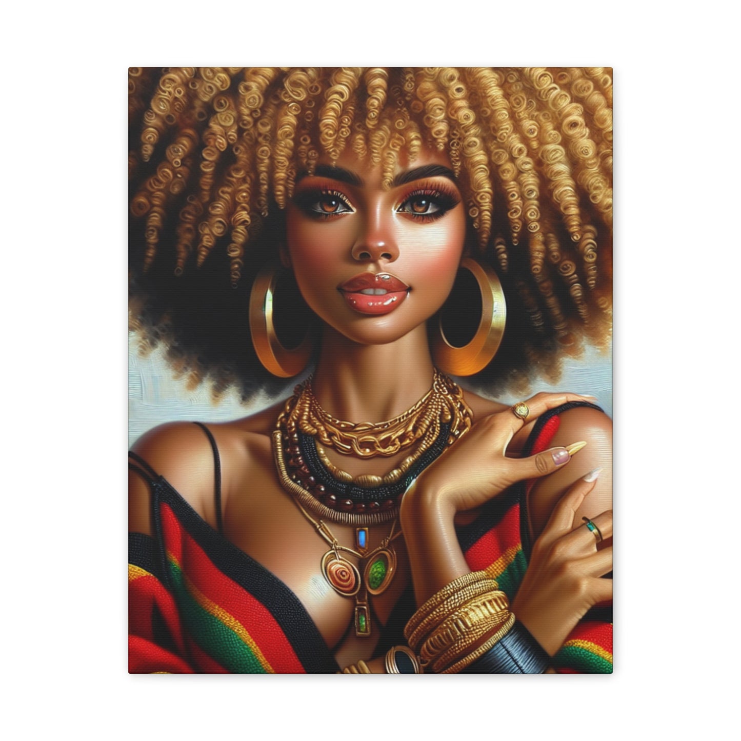 Vibrant Afrocentric Canvas Art, Fine Black Art Print, Beautiful Black Woman in Afrocentric Colors Canvas Photo,