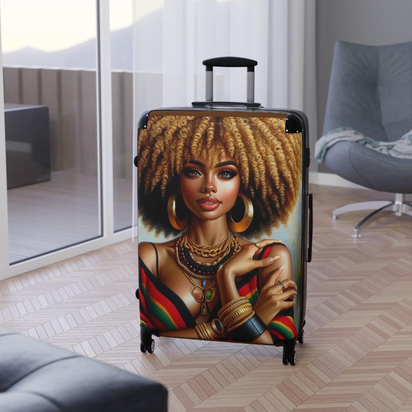 Artistic Travel Suitcase - Afro Woman Design for Adventurers, Beautiful Afrocentric Suitcase for Women, Uniquely Covered Suitcase