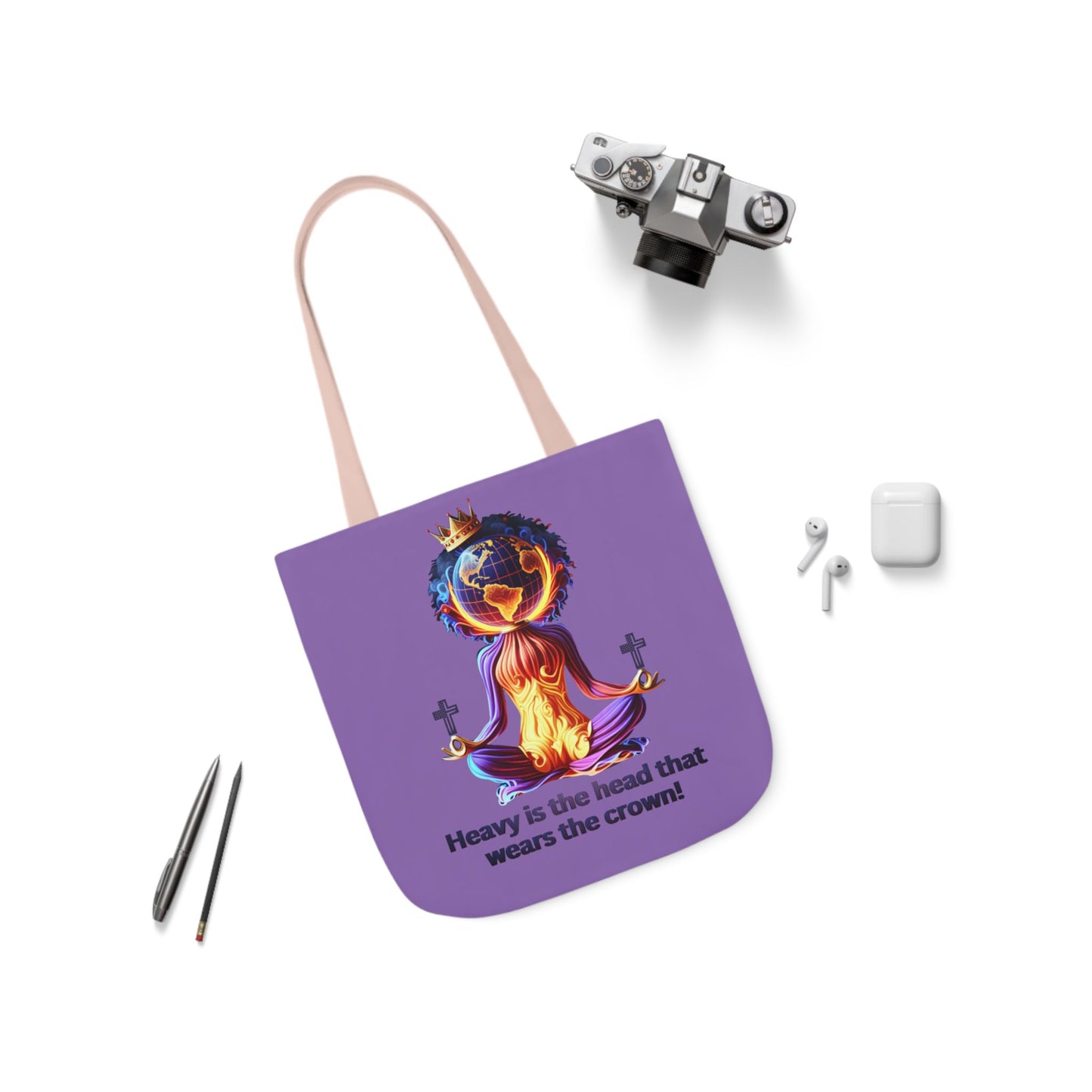 "Heavy is the Head" Canvas Tote Bag, 5-Color Straps, Purple Tote Bag for Women, Purple Inspirational Tote Bag for Women, Tote Bag Gift for Women