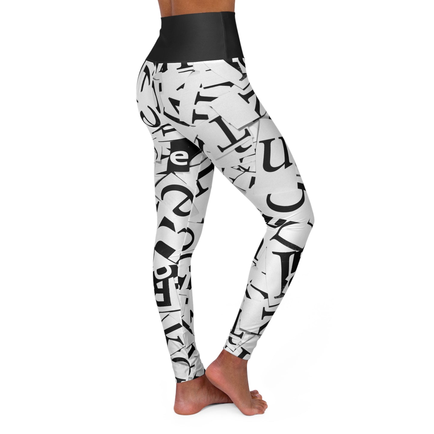 High Waisted Black & White Letter Yoga Leggings, Cute Yoga Pants for Women, Ladies Black and White Yoga Pants