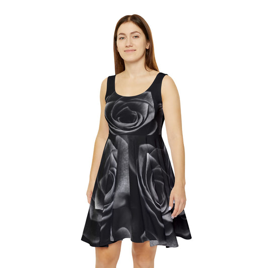 Women's Black Rose Print Skater Dress, Black T-Shirt Skater Dress for Women, Cute Black Skater Dress for Women