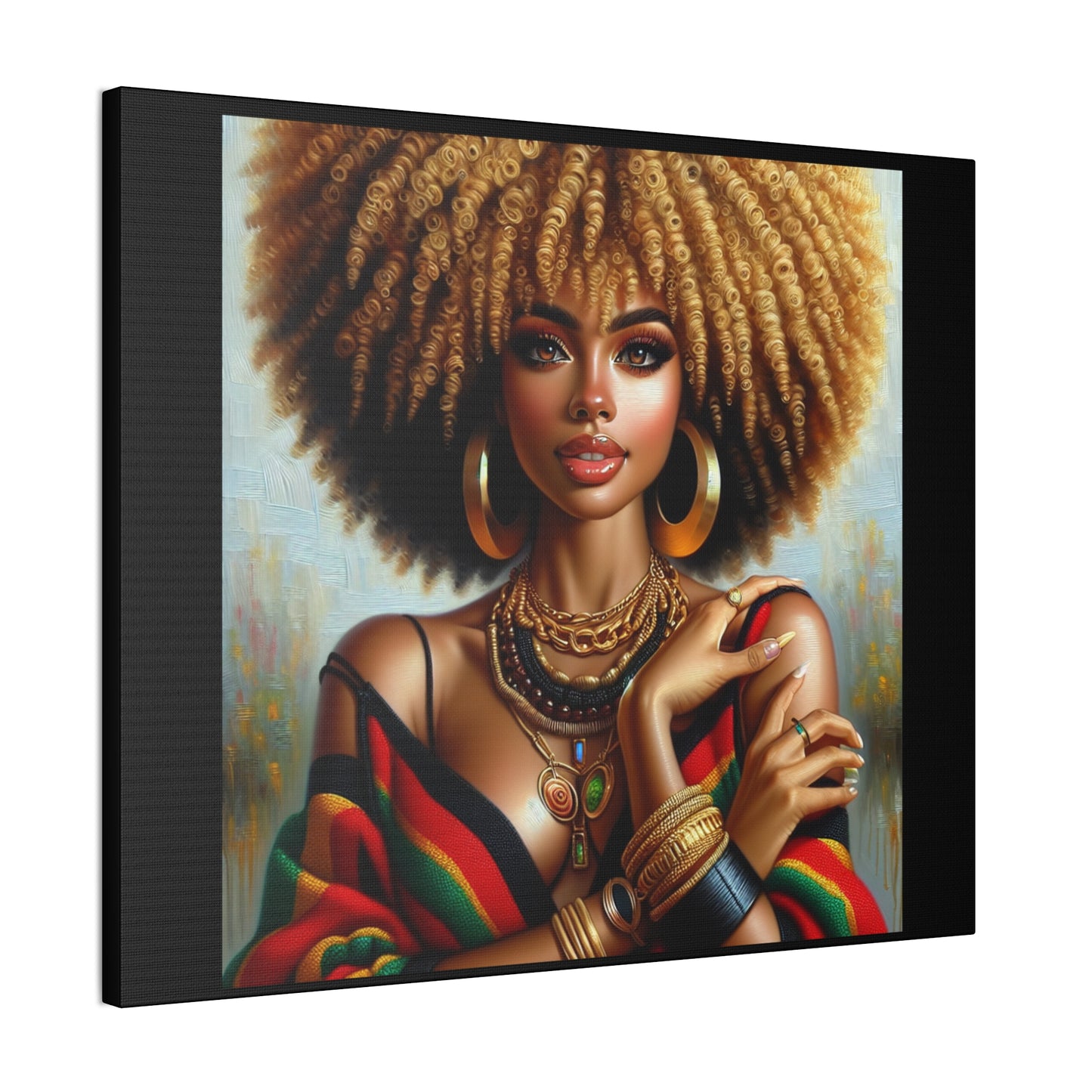 Stretched Canvas Art Print – Afrocentric Portrait, Black Woman Confidence Canvas Art in Afrocentric Colors, 92 % Women Merchandise
