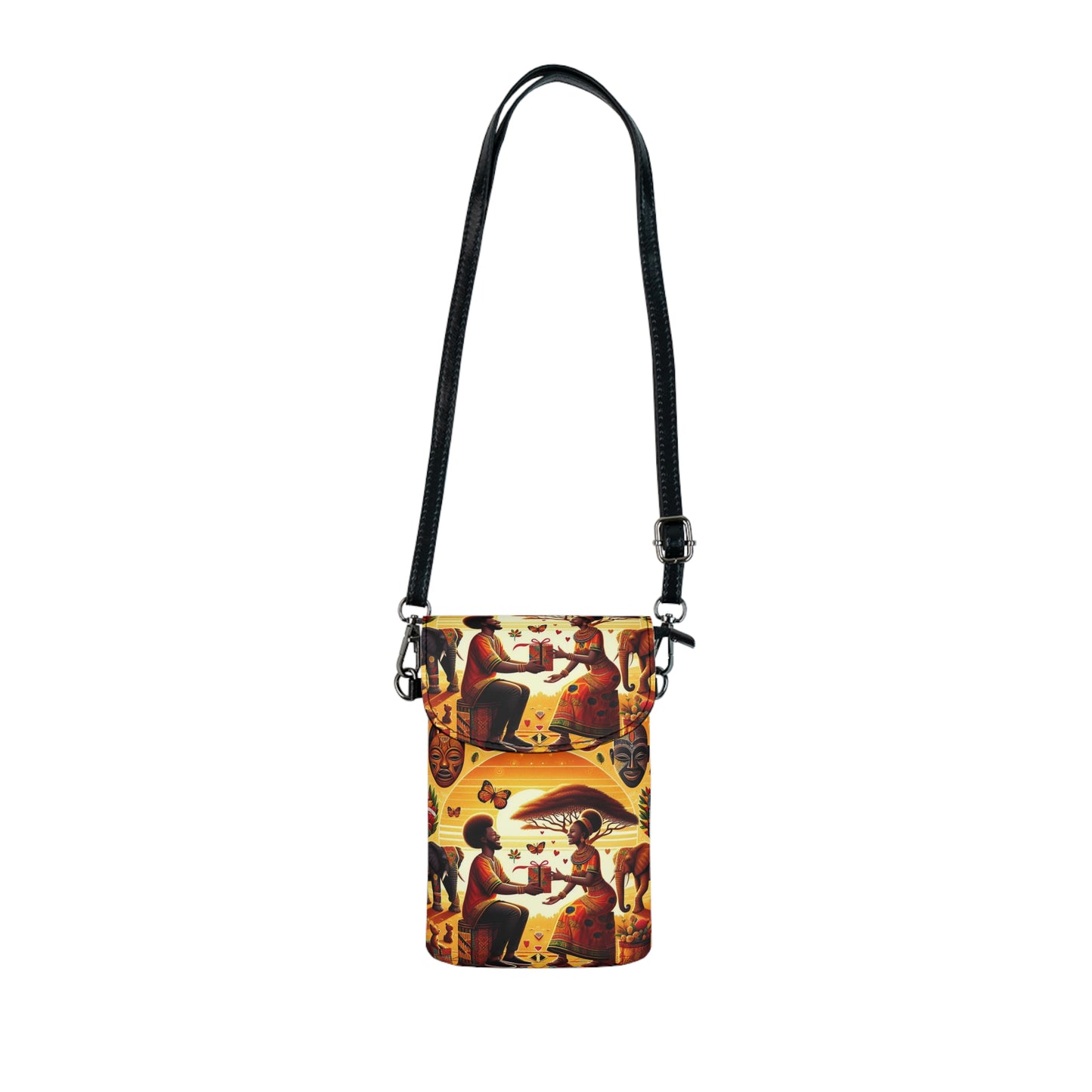Afrocentric Print Small Cell Phone Wallet, Cross-Body Bag, Faux Leather Bag