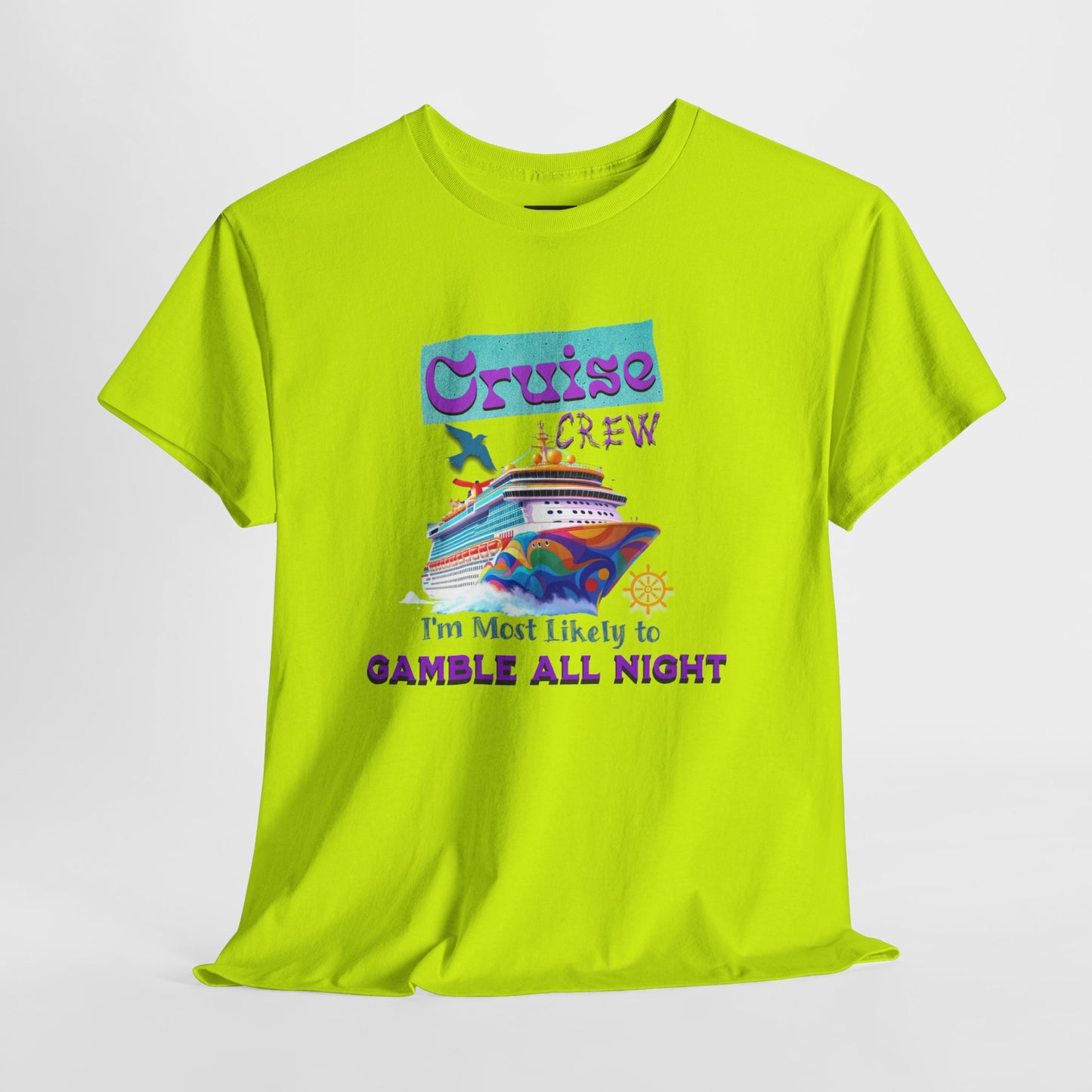 Cruise Crew Heavy Cotton Tee - Gamble All Night, Vacation Shirt, Cruise Wear, Fun Travel Outfit, Summer Party Top, Gambler's T-Shirt